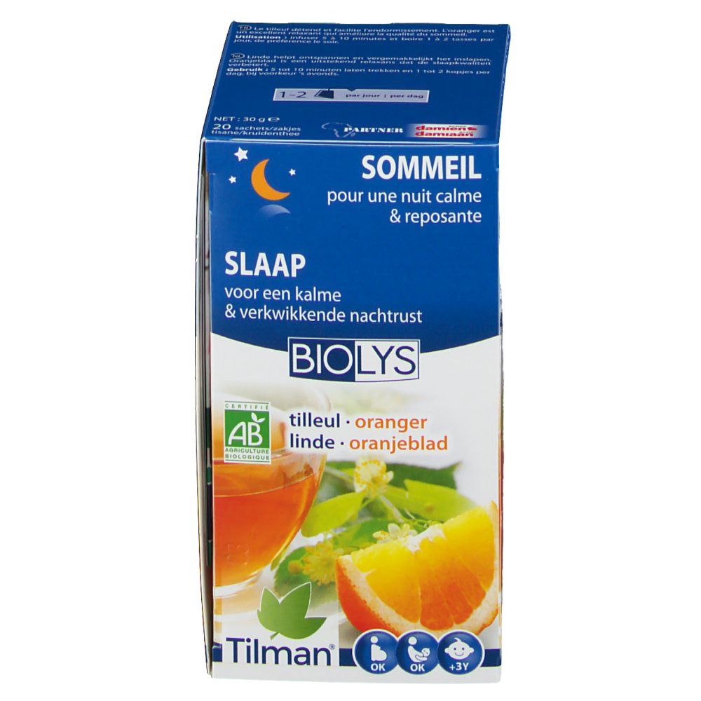 Scatola Biolys Tilleul - Oranger. Immagine di arancia e bevanda. Etichetta AB bio. Testi: Slaap, Sommeil, Sono.