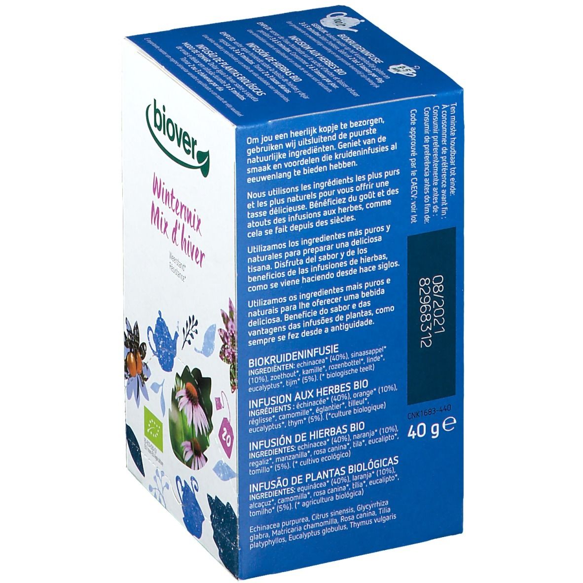 Retro della scatola di tè Biover Wintermix d'hiver. Elenco ingredienti, numero di lotto, peso 40g e marchio bio.