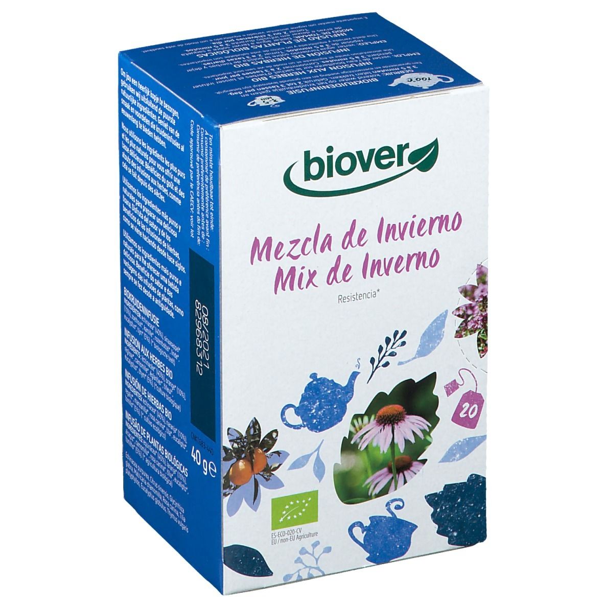 Scatola di tè Biover Wintermix d'hiver. Illustrazioni floreali, marchio bio e 40g. Scritta multilingue.