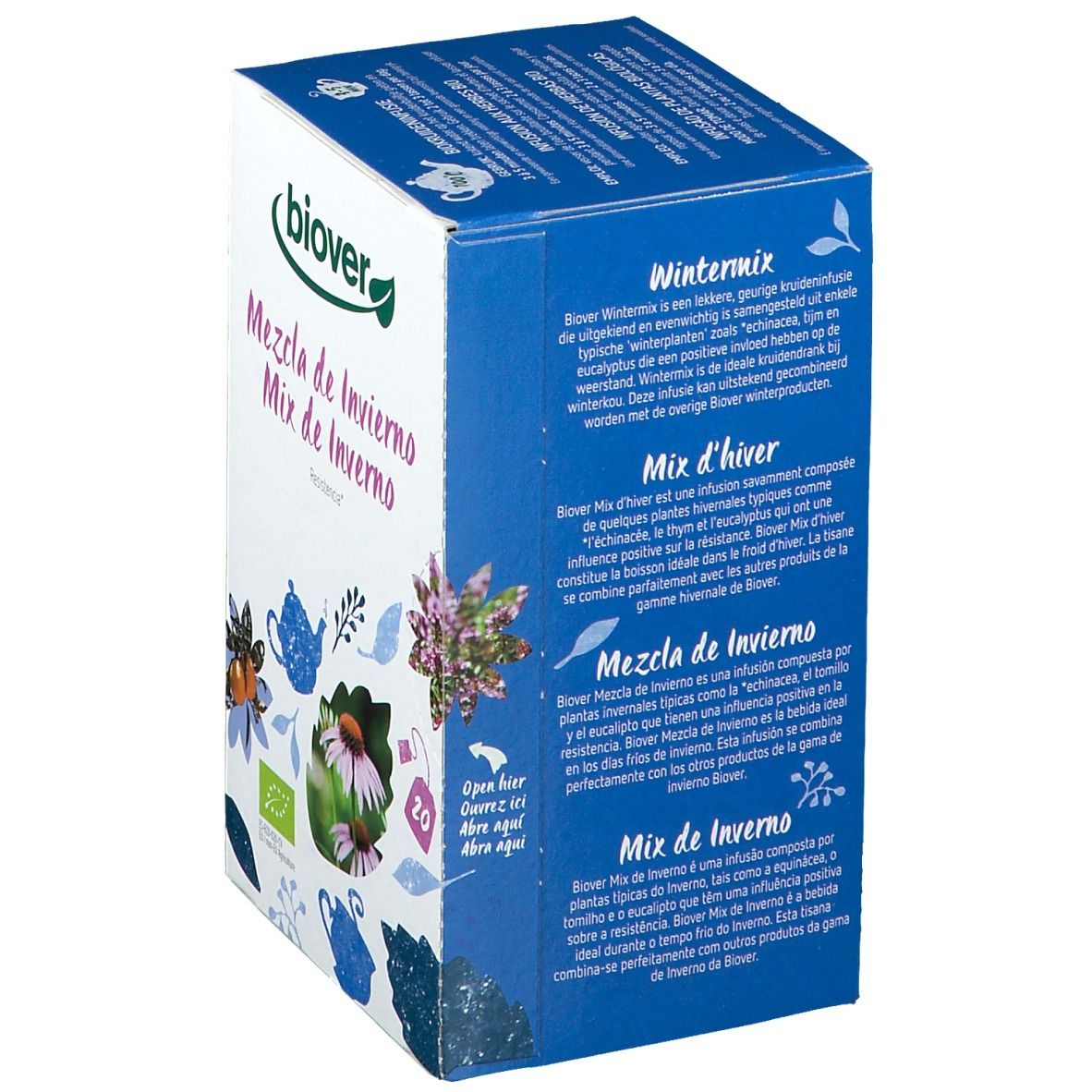 Lato della scatola di tè Biover Wintermix d'hiver. Descrizione del prodotto in più lingue.