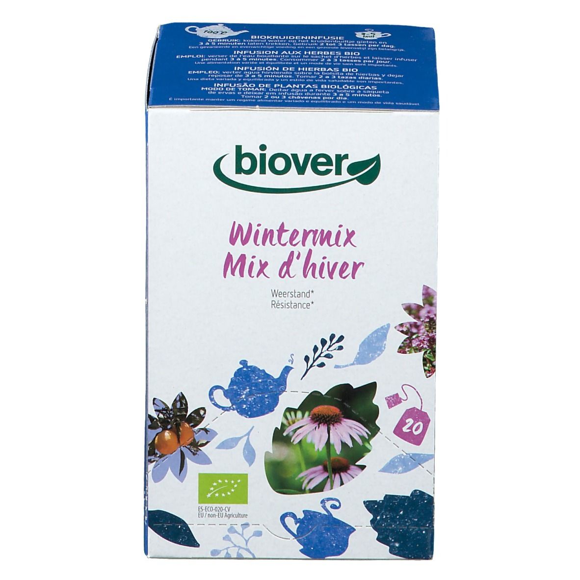 Scatola di tè Biover Wintermix d'hiver. Illustrazioni floreali, marchio bio e 20 bustine. Scritta multilingue.