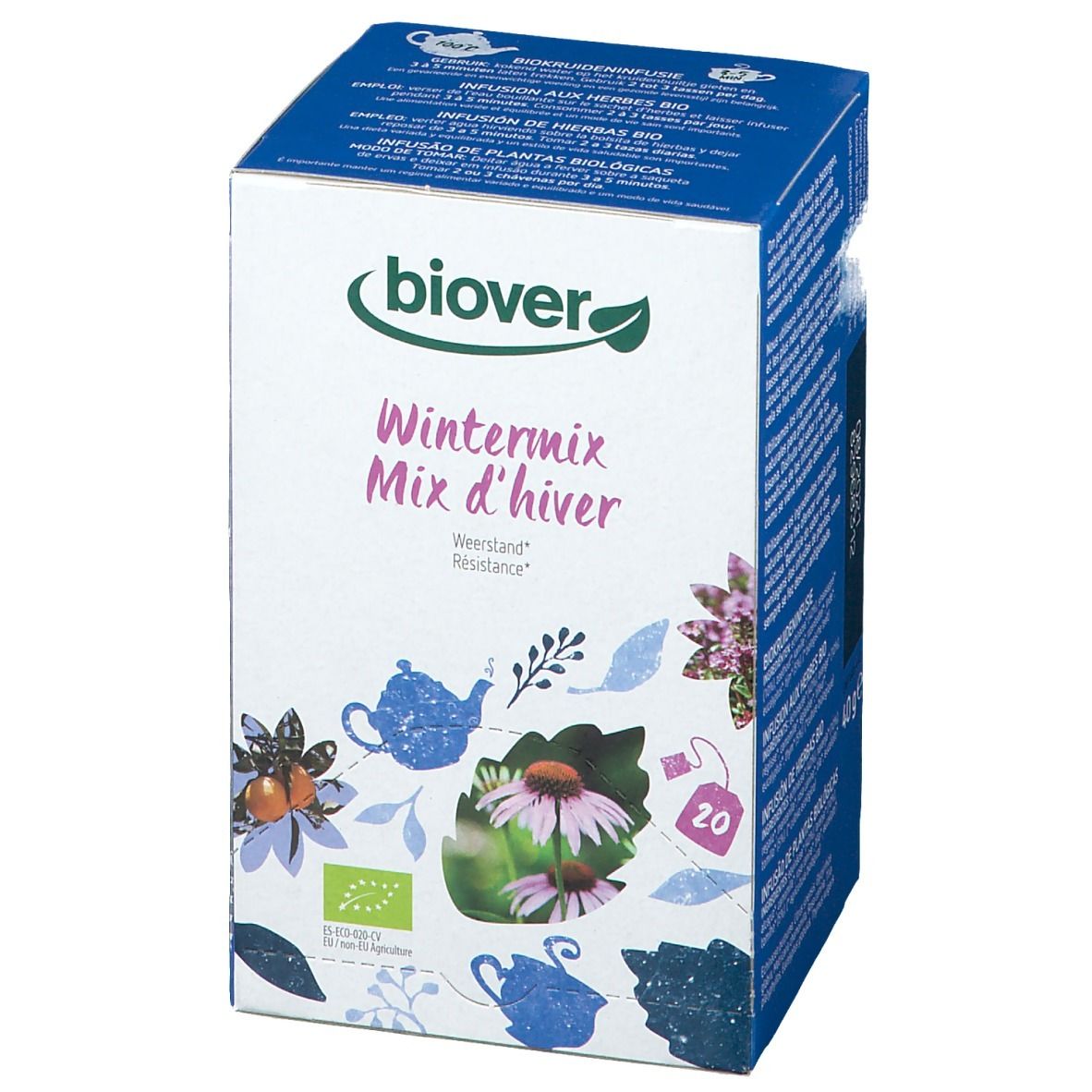 Scatola di tè Biover Wintermix d'hiver. Illustrazioni floreali, marchio bio e 20 bustine. Scritta multilingue.