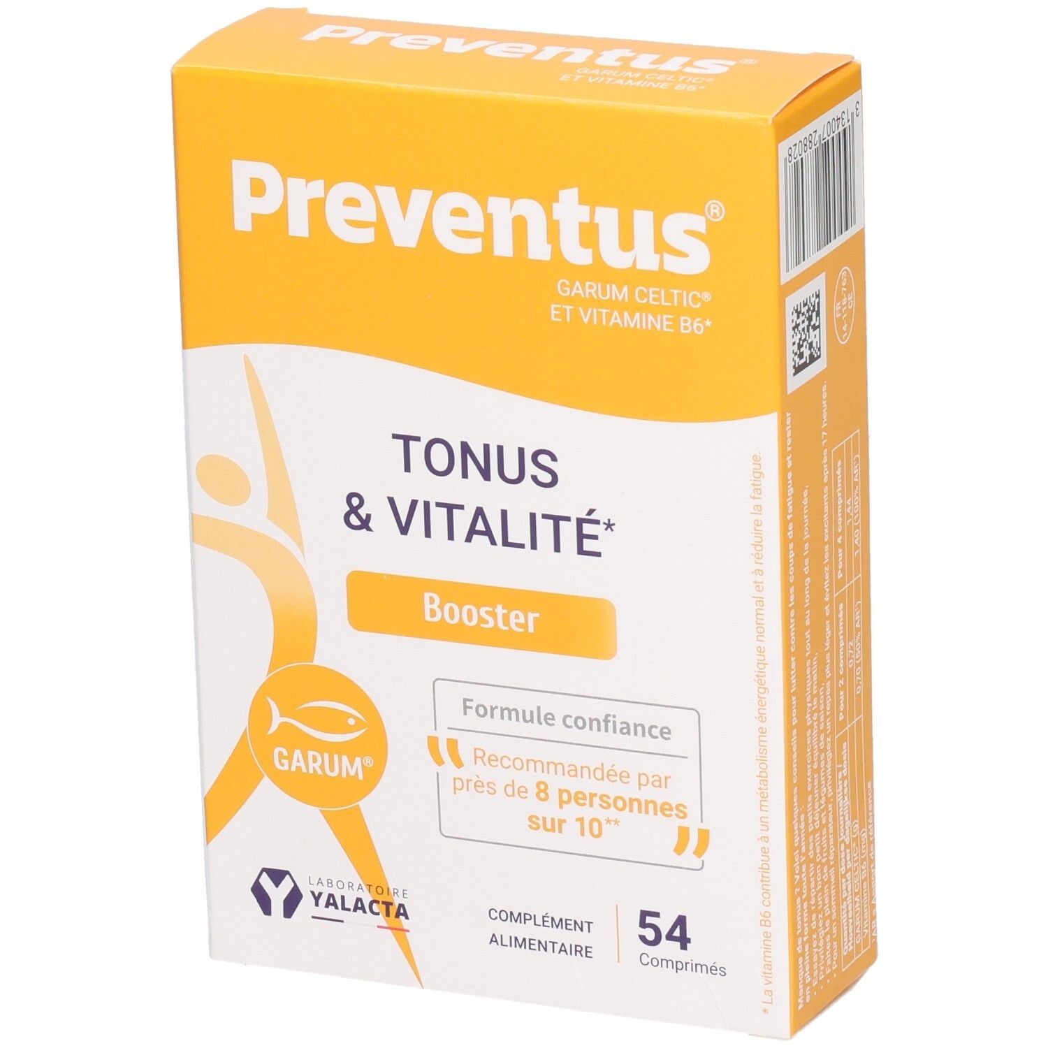 Confezione di Yalacta Preventus, integratore alimentare per tono e vitalità, 54 capsule.