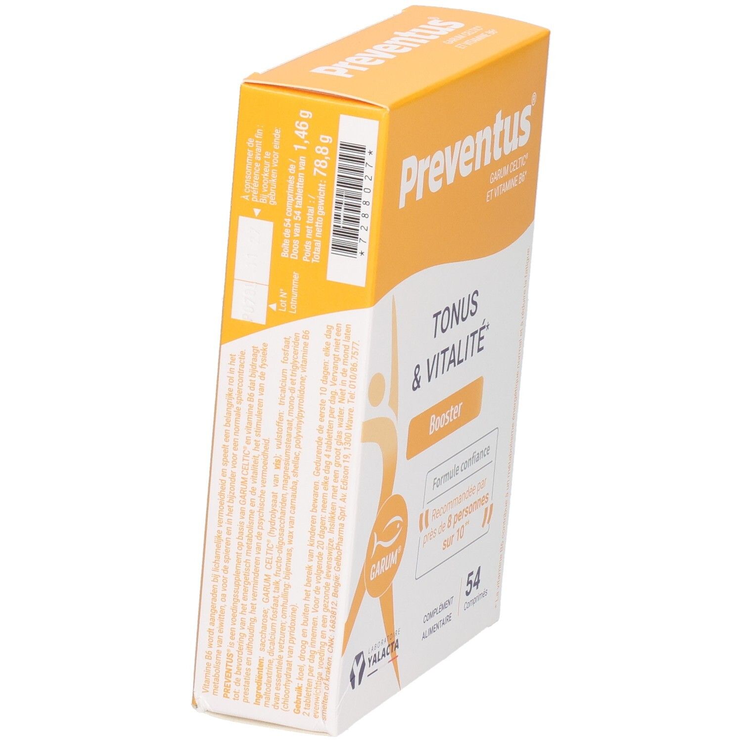 Confezione di Yalacta Preventus, integratore alimentare per tono e vitalità, 54 capsule.