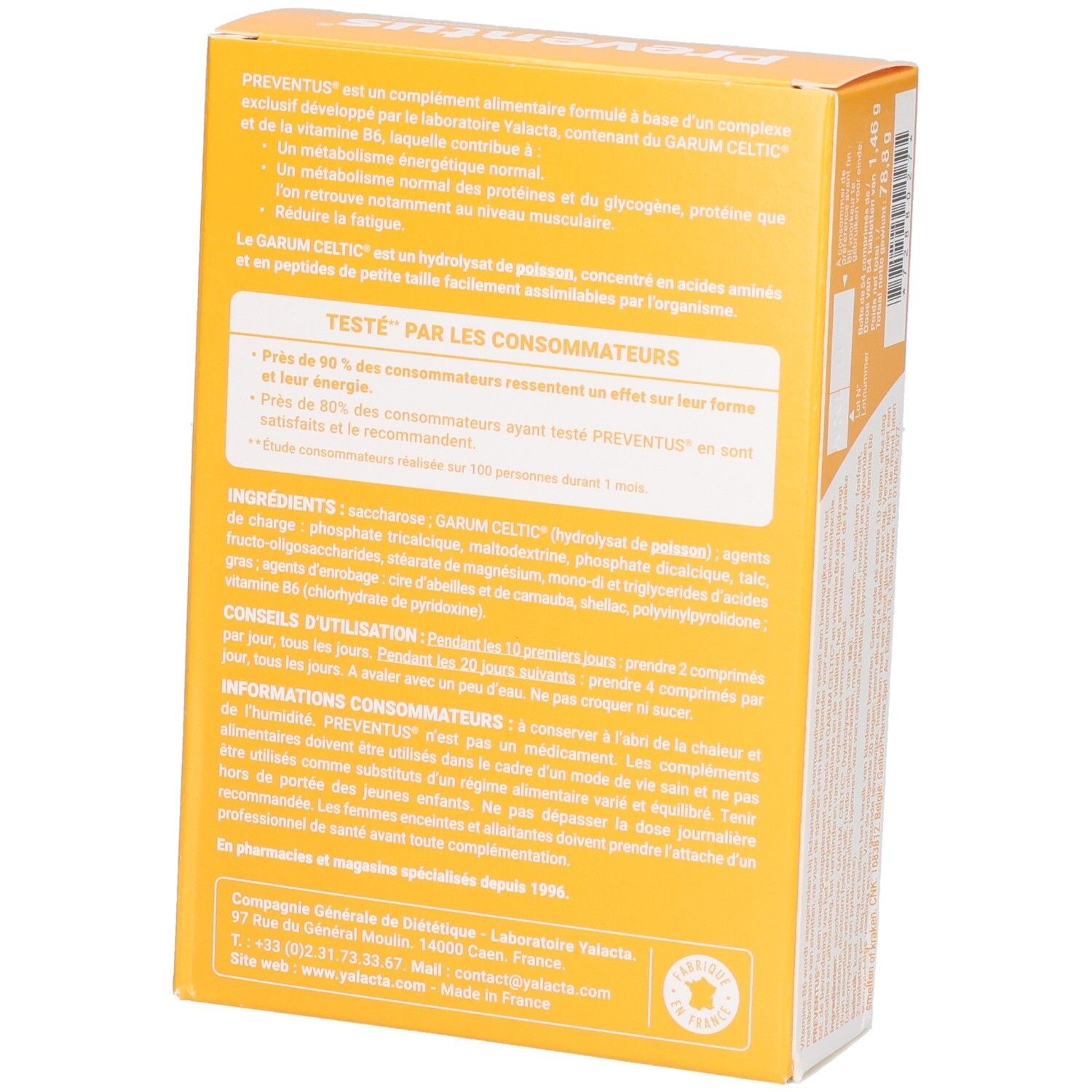 Confezione di Yalacta Preventus, integratore alimentare per tono e vitalità, 54 capsule.