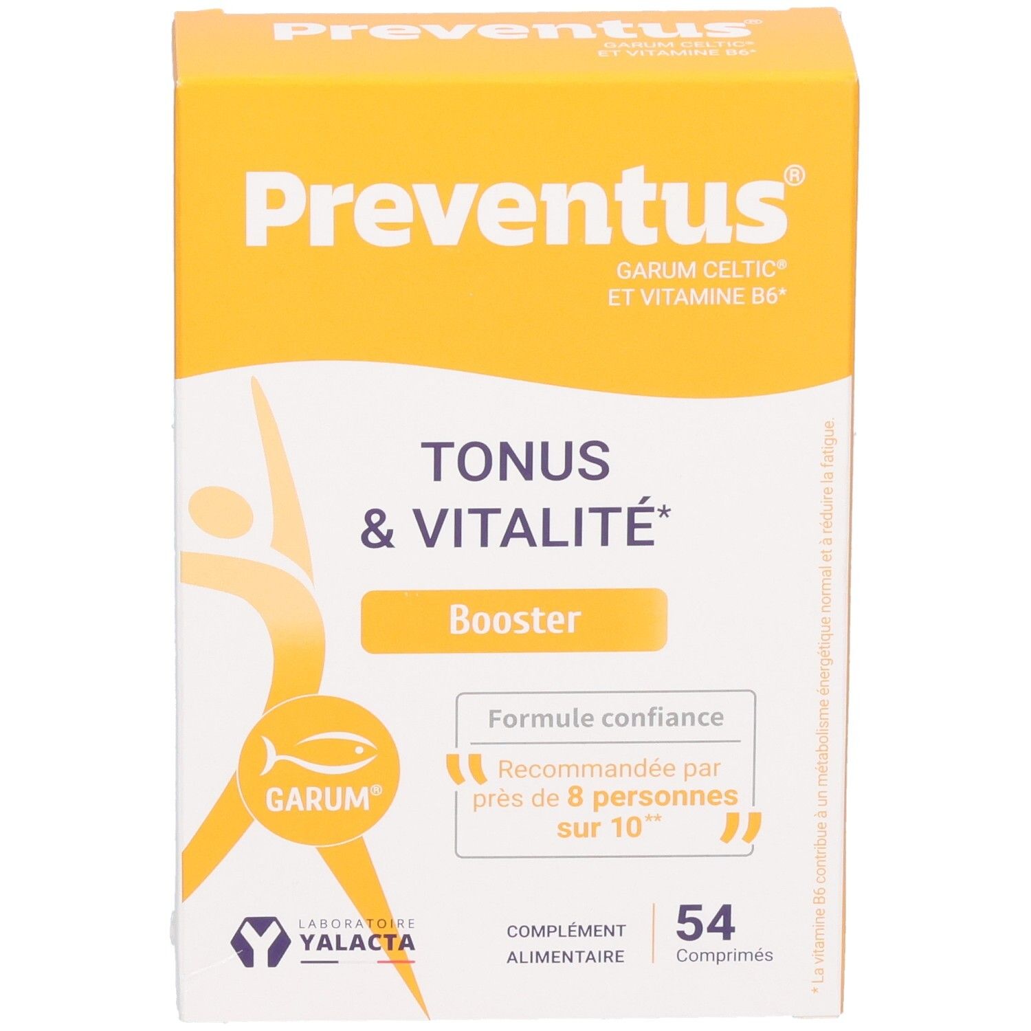 Confezione di Yalacta Preventus, integratore alimentare per tono e vitalità, 54 capsule.