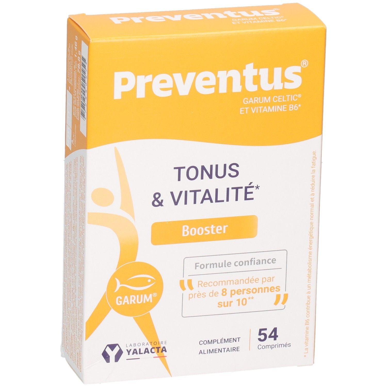 Confezione di Yalacta Preventus, integratore alimentare per tono e vitalità, 54 capsule.
