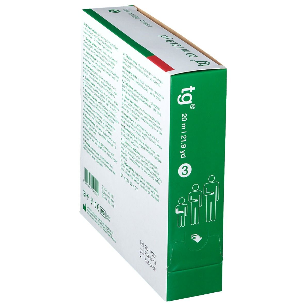 Confezione inclinata. Scritta: tg, 20 m | 21.9 yd. 3. Pittogrammi. Logo L&R. Dispositivo medico.