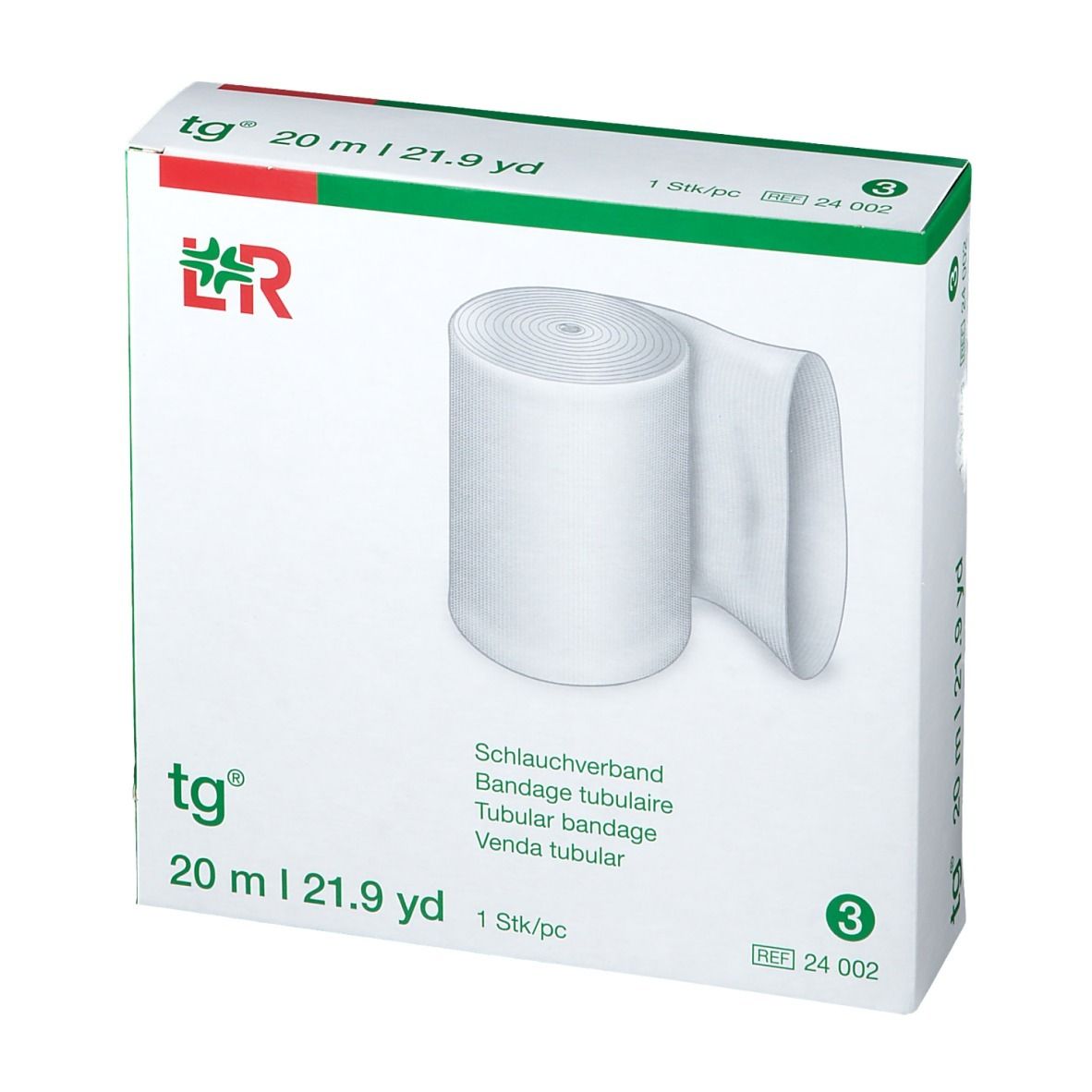 Confezione con benda tubulare bianca. Scritta: tg, 20 m | 21.9 yd. 1 pz. 3. Logo L&R.