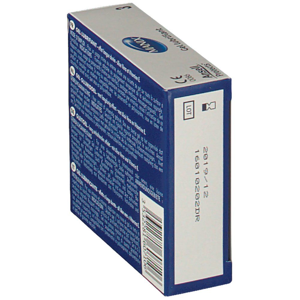 Confezione "MANIX Gel lubrifiant". Marchio CE. Numero di lotto e data di scadenza.