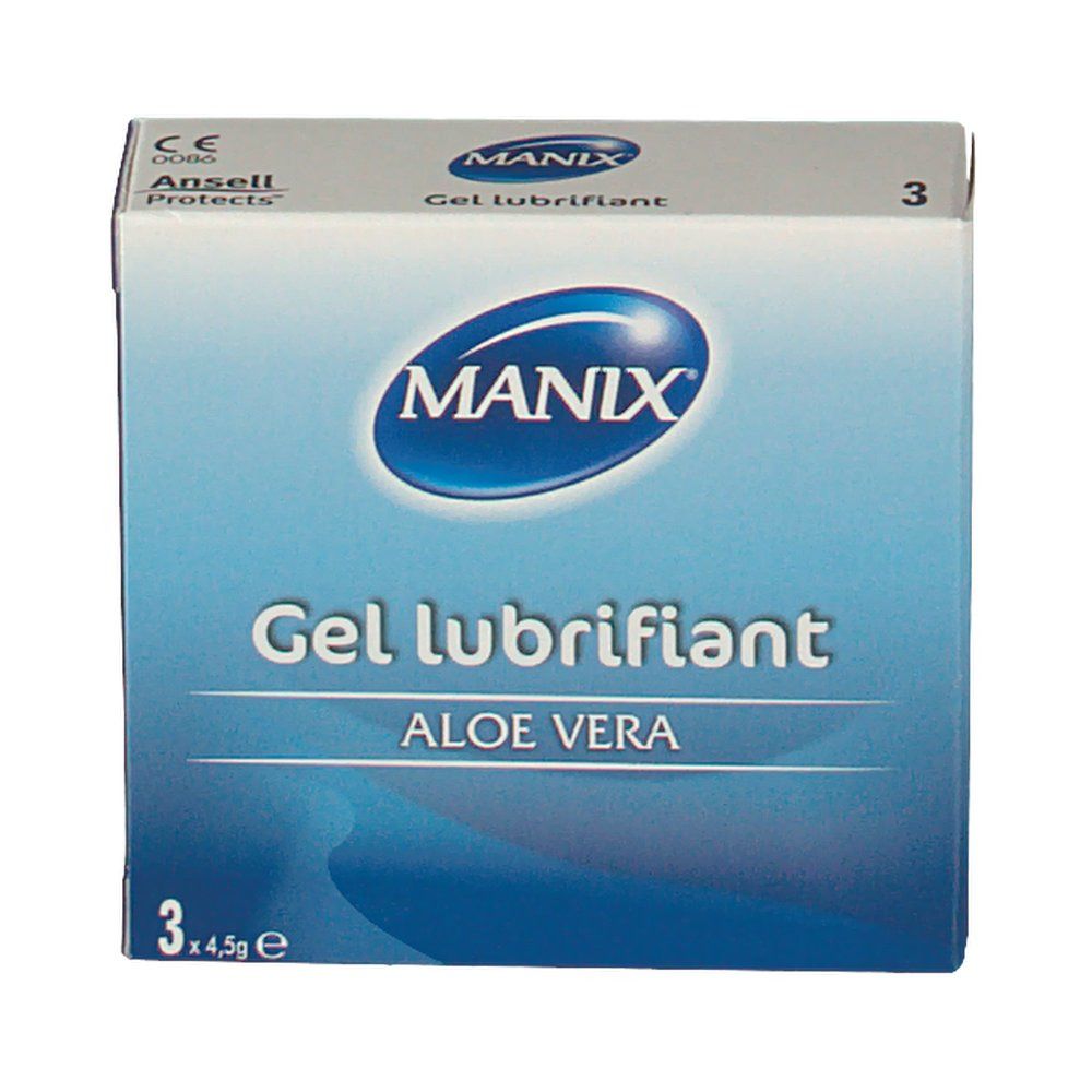 Scatola "MANIX Gel lubrifiant" Aloe Vera. 3 x 4,5g. Marchio CE.