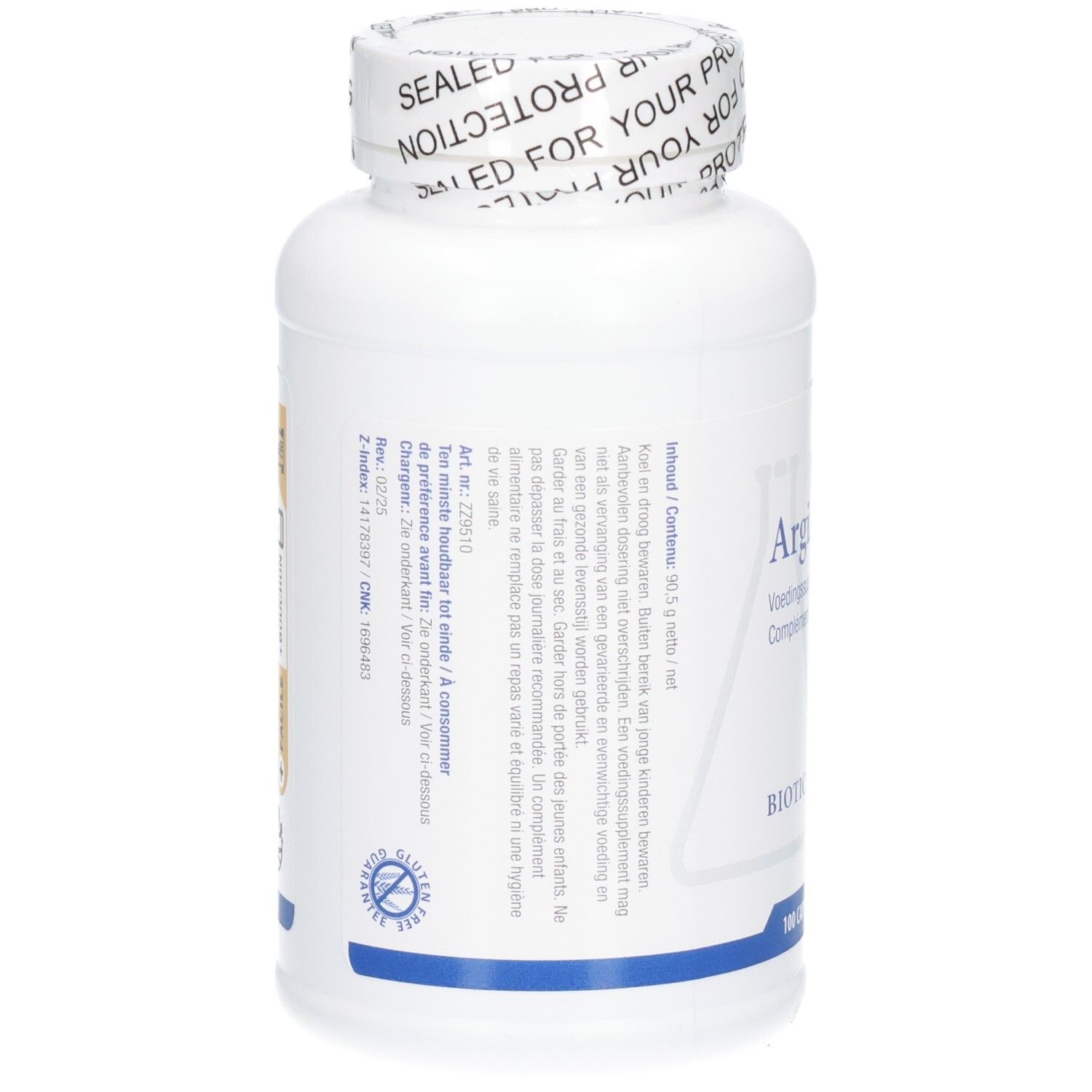 Retro del flacone bianco. Testo multilingue. Scritta: Argizyme, Biotics Research. Sigillo senza glutine.