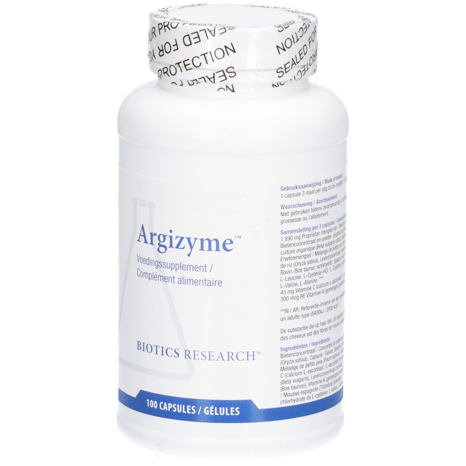 Flacone bianco con etichetta Argizyme. Scritta: Biotics Research, 100 capsule. Tappo con stampa.