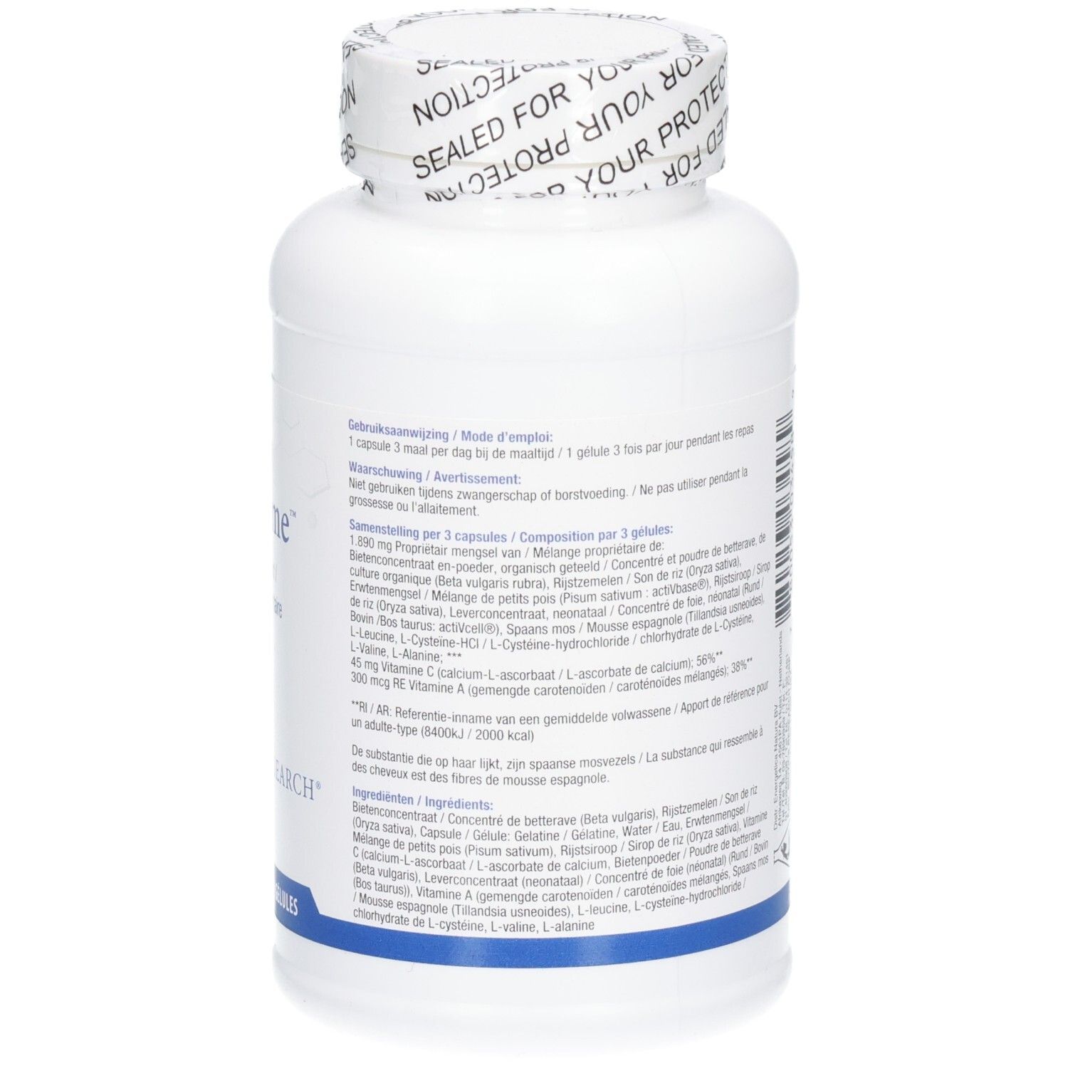 Retro del flacone. Testo multilingue. Scritta: Argizyme, Biotics Research. Elenco ingredienti.