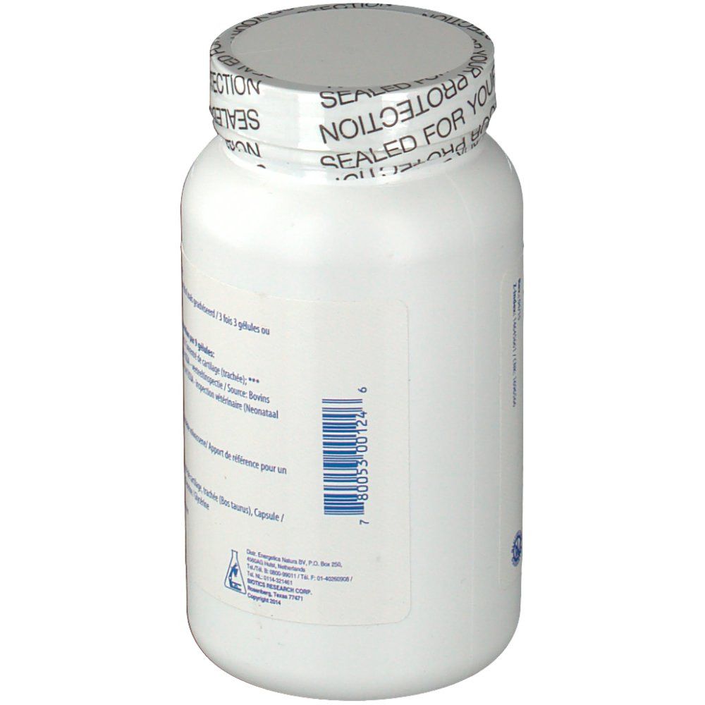 Retro di un flacone bianco. Codice a barre e testo. Sigillo: Sealed for your protection.