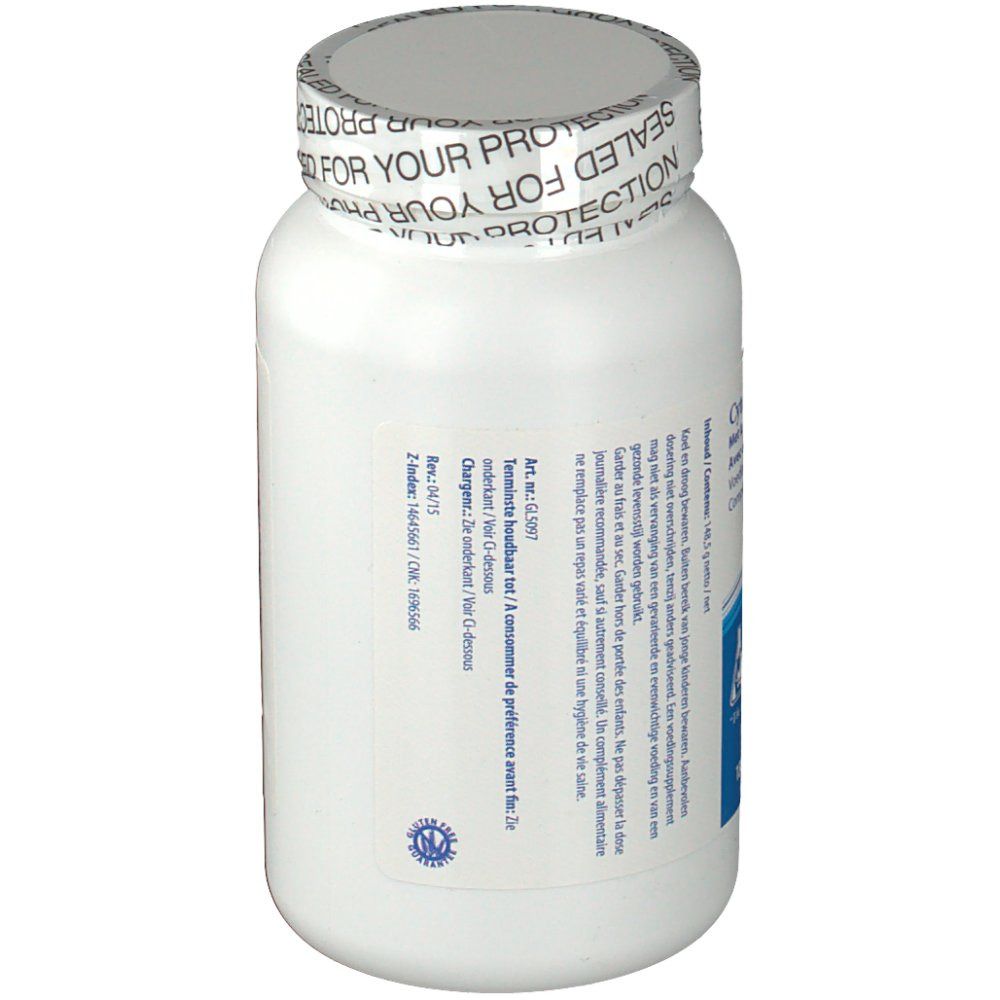 Retro di un flacone bianco. Testo e sigillo. Sigillo: Sealed for your protection.