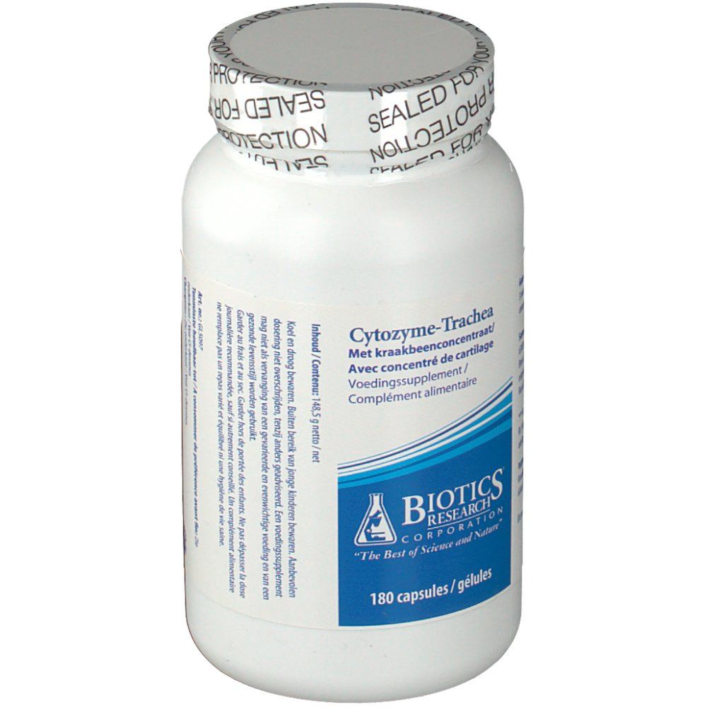 Flacone bianco con tappo a vite. Scritta: Biotics Research, Cytozyme-Trachea, 180 capsule. Sigillo: Sealed for your protection.