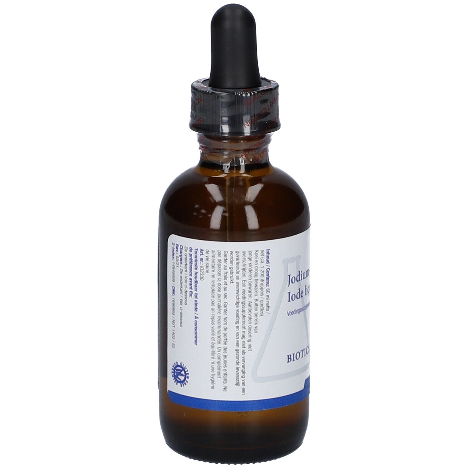 Flacone di vetro marrone con contagocce nero. Etichetta con informazioni sul prodotto. Marchio: BIOTICS RESEARCH.