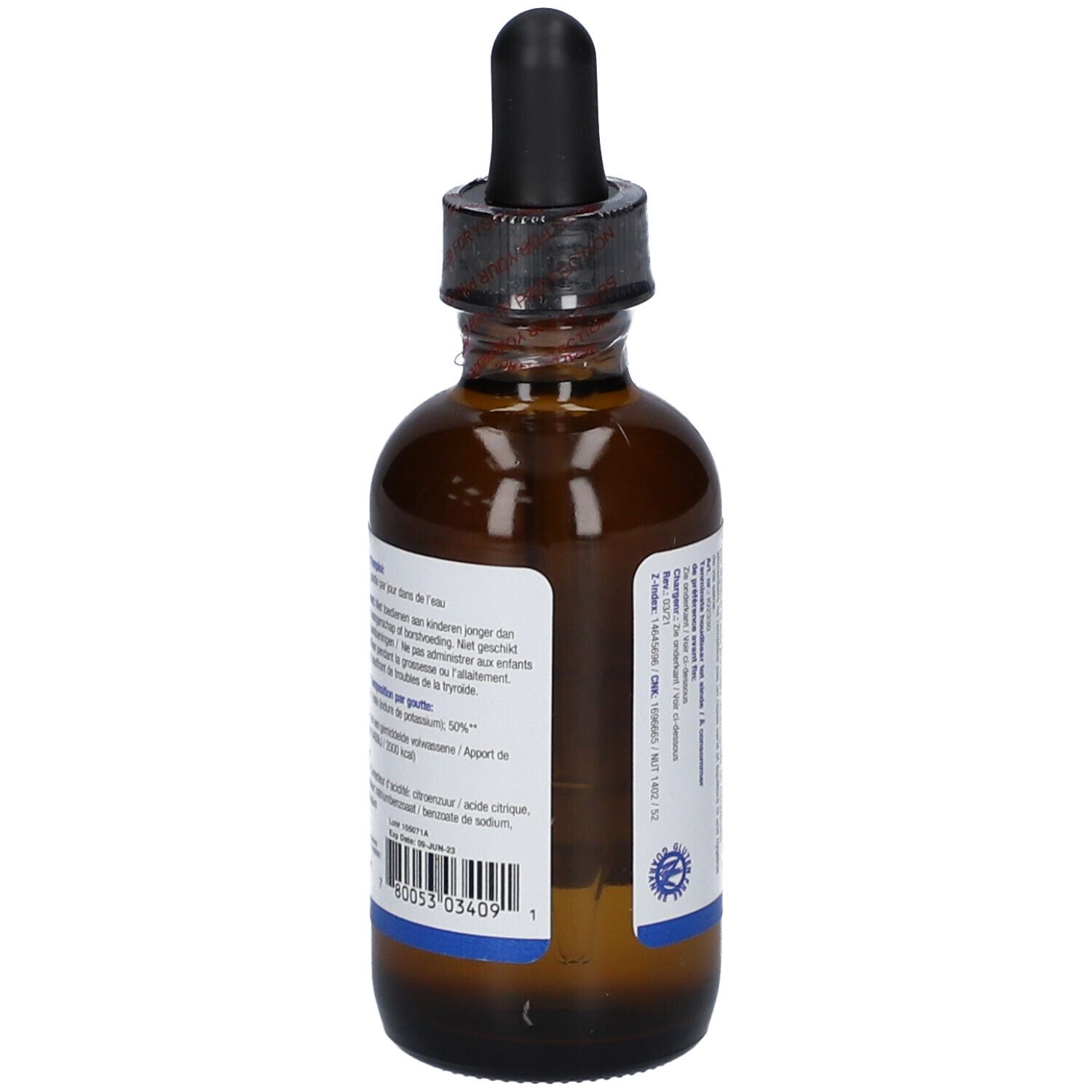 Flacone di vetro marrone con contagocce nero. Etichetta con informazioni sul prodotto. Marchio: BIOTICS RESEARCH.