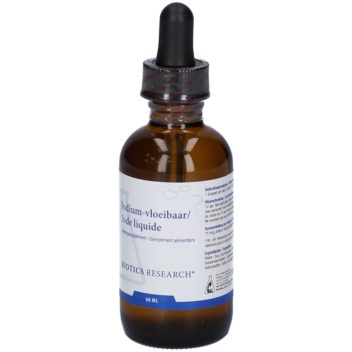 Flacone di vetro marrone con contagocce nero. Etichetta con informazioni sul prodotto. Marchio: BIOTICS RESEARCH.
