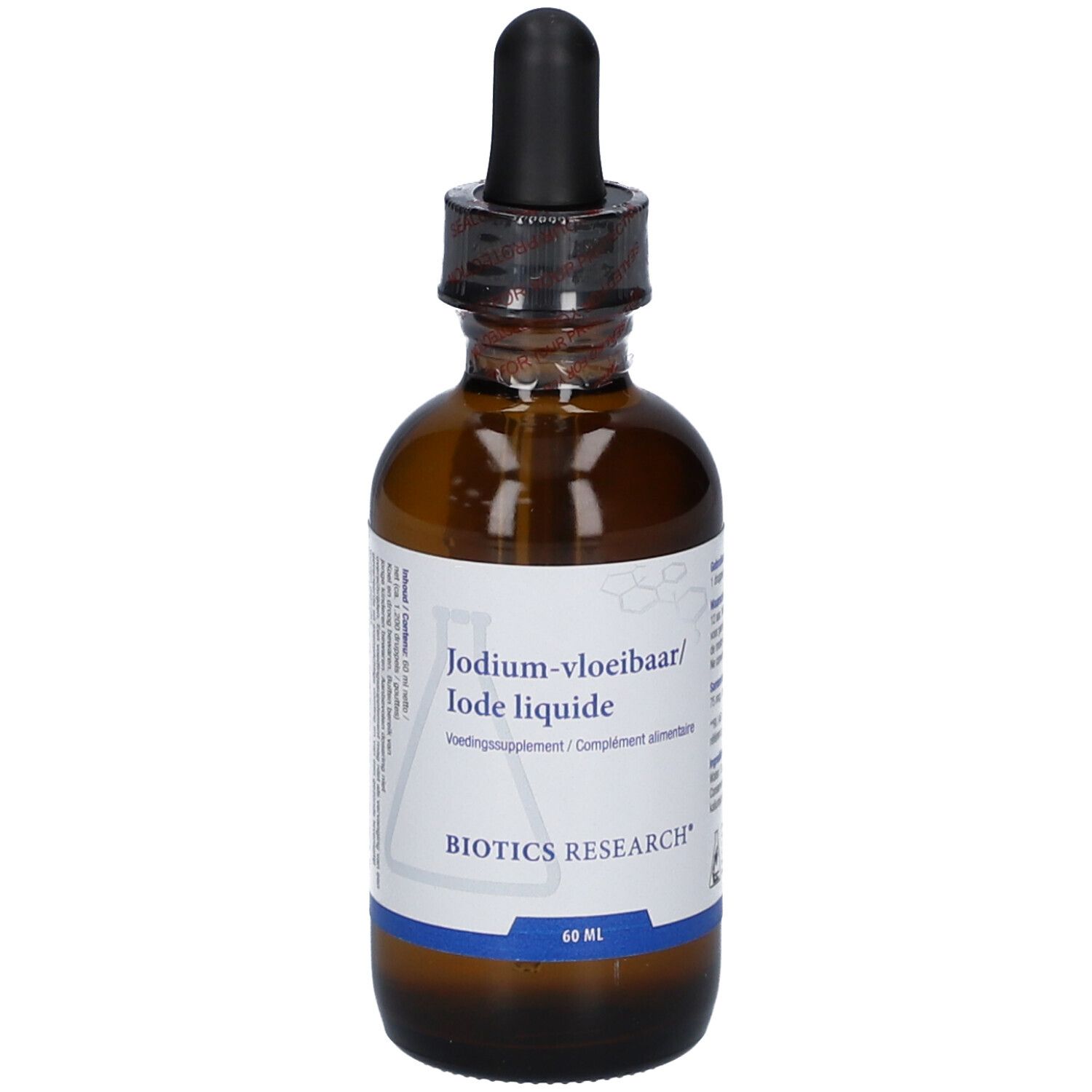 Flacone di vetro marrone con contagocce nero. Etichetta con nome del prodotto: Jodium-vloeibaar/Iode liquide. Marchio: BIOTICS RESEARCH.