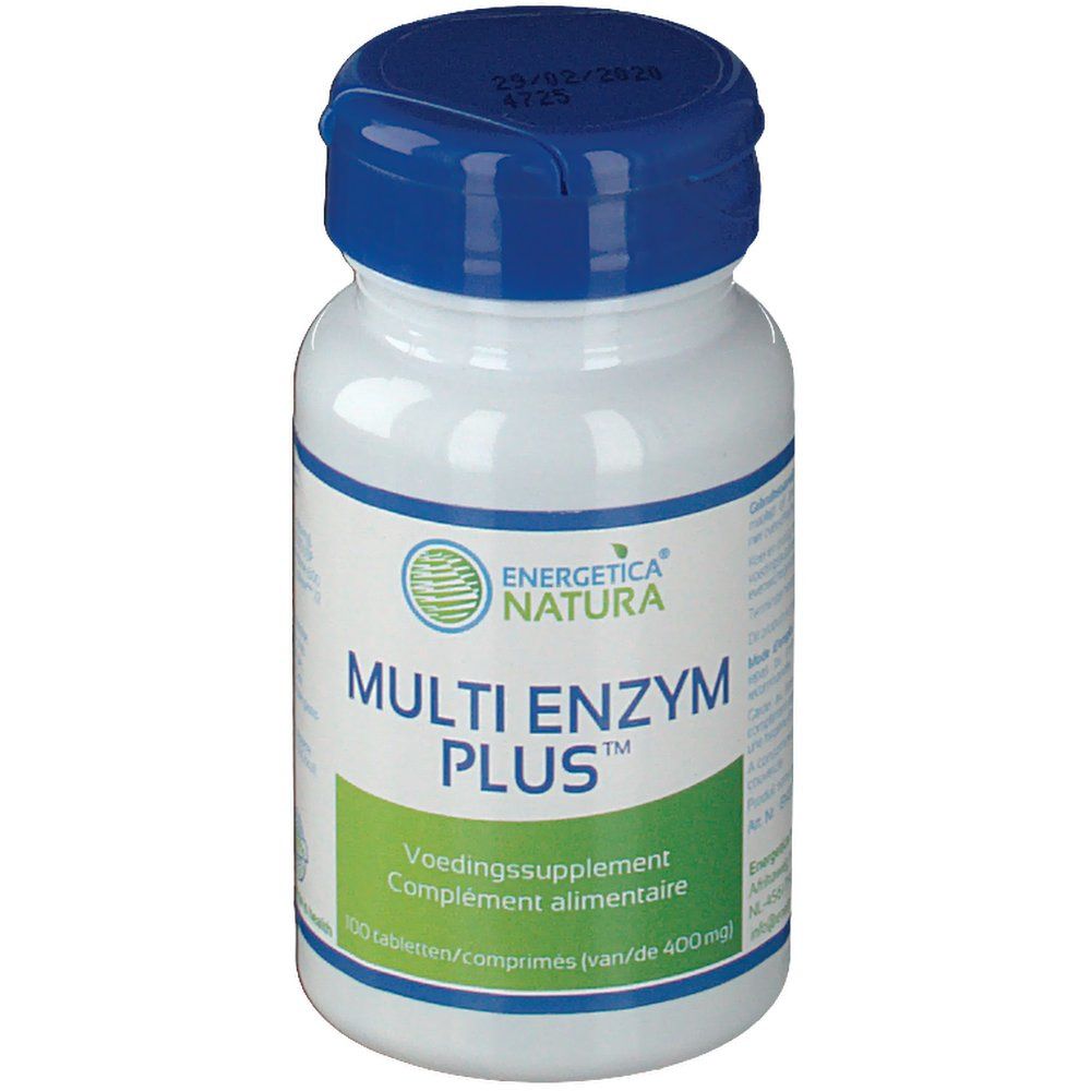 Flacone bianco con tappo blu. Scritta: Multi Enzym Plus, Energetica Natura. 100 compresse.