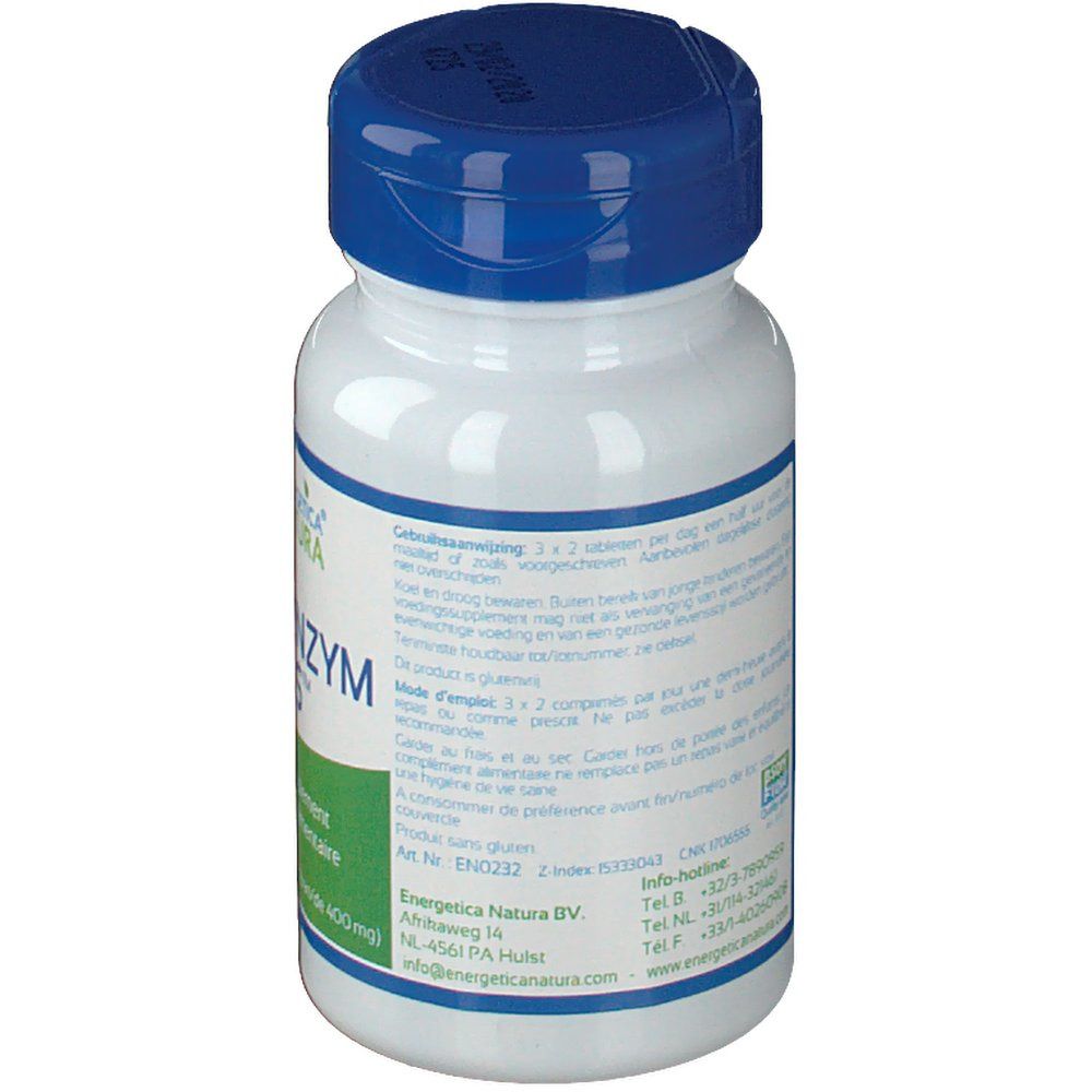 Flacone bianco con tappo blu. Retro con testo. Logo Energetica Natura. Testo in olandese e francese.