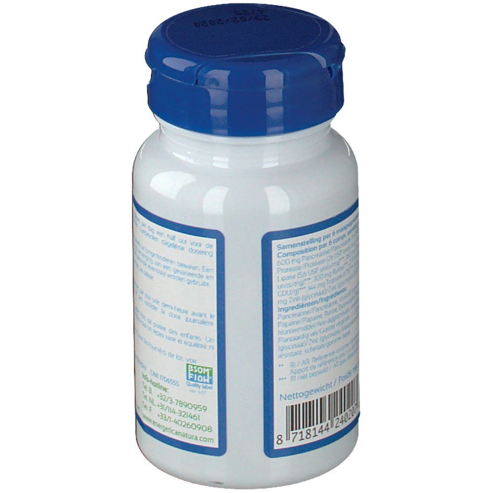 Flacone bianco con tappo blu. Ingredienti e informazioni nutrizionali. Sigillo biologico.