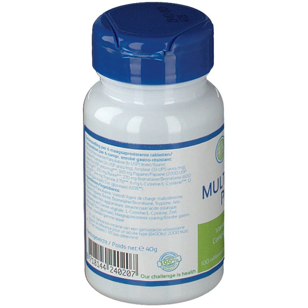 Flacone bianco con tappo blu. Ingredienti e informazioni nutrizionali. 100% Challenge is health.