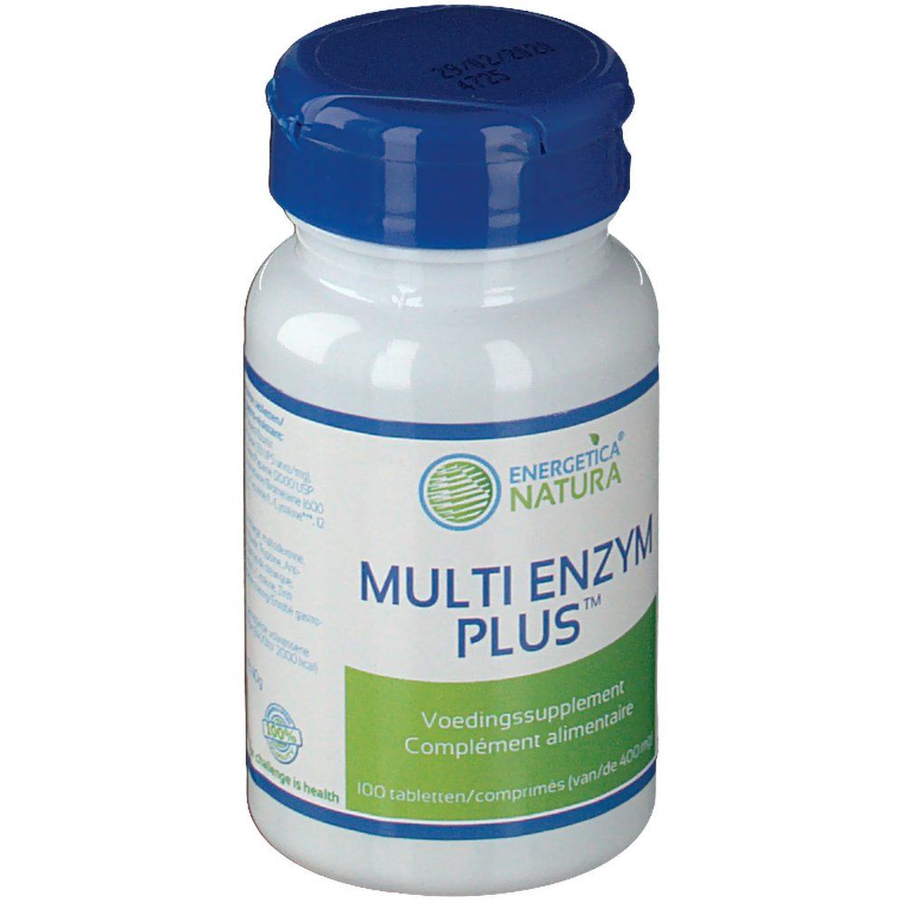Flacone bianco con tappo blu. Scritta: Multi Enzym Plus, Energetica Natura. 100 compresse.