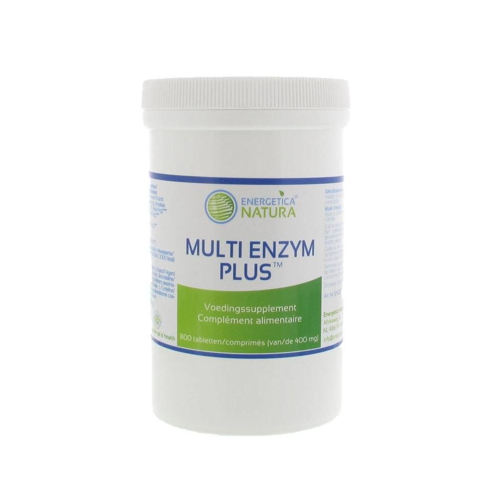Contenitore cilindrico bianco con tappo a vite. Scritta: Energetica Natura Multi Enzym Plus. Etichette verdi e bianche.