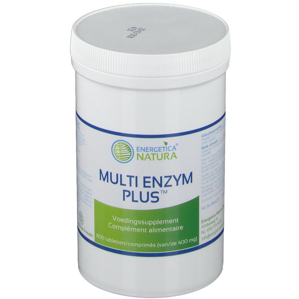 Contenitore cilindrico bianco con tappo a vite. Scritta: Energetica Natura Multi Enzym Plus. Etichette verdi e bianche.