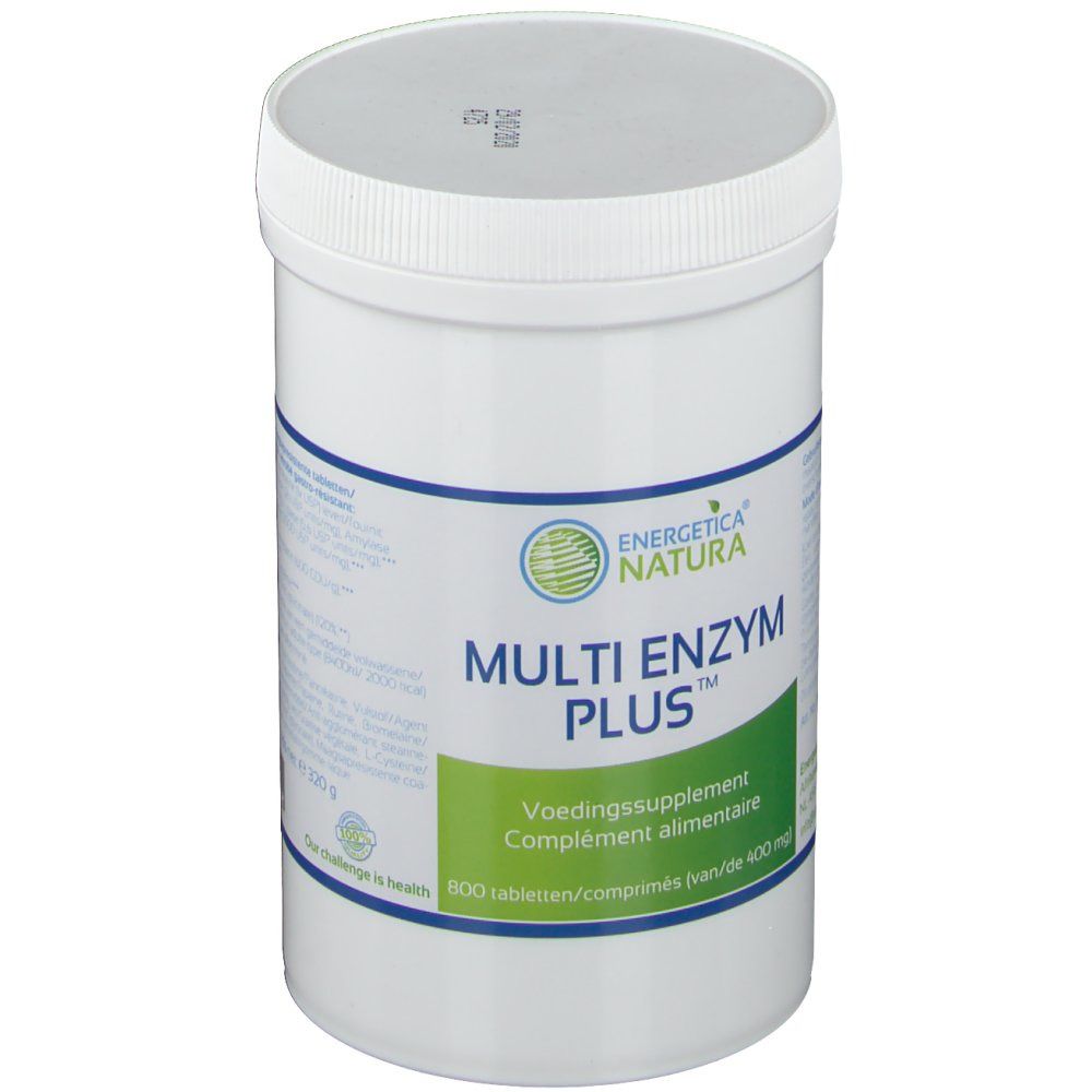 Contenitore cilindrico bianco con tappo a vite. Scritta: Energetica Natura Multi Enzym Plus. Etichette verdi e bianche.