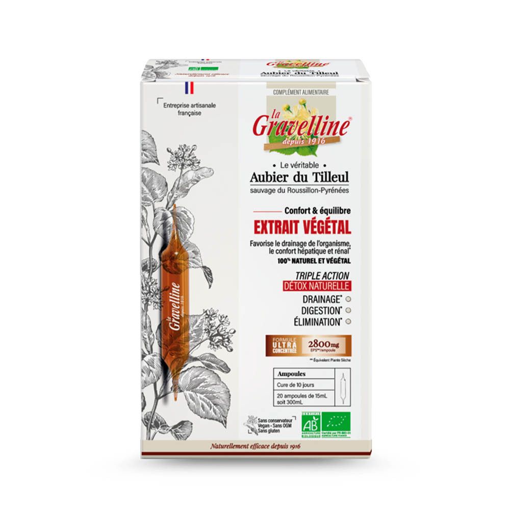 Scatola di la Gravelline con fiala. Scritto: Aubier du Tilleul, Extrait végétal. Certificazione AB Bio.