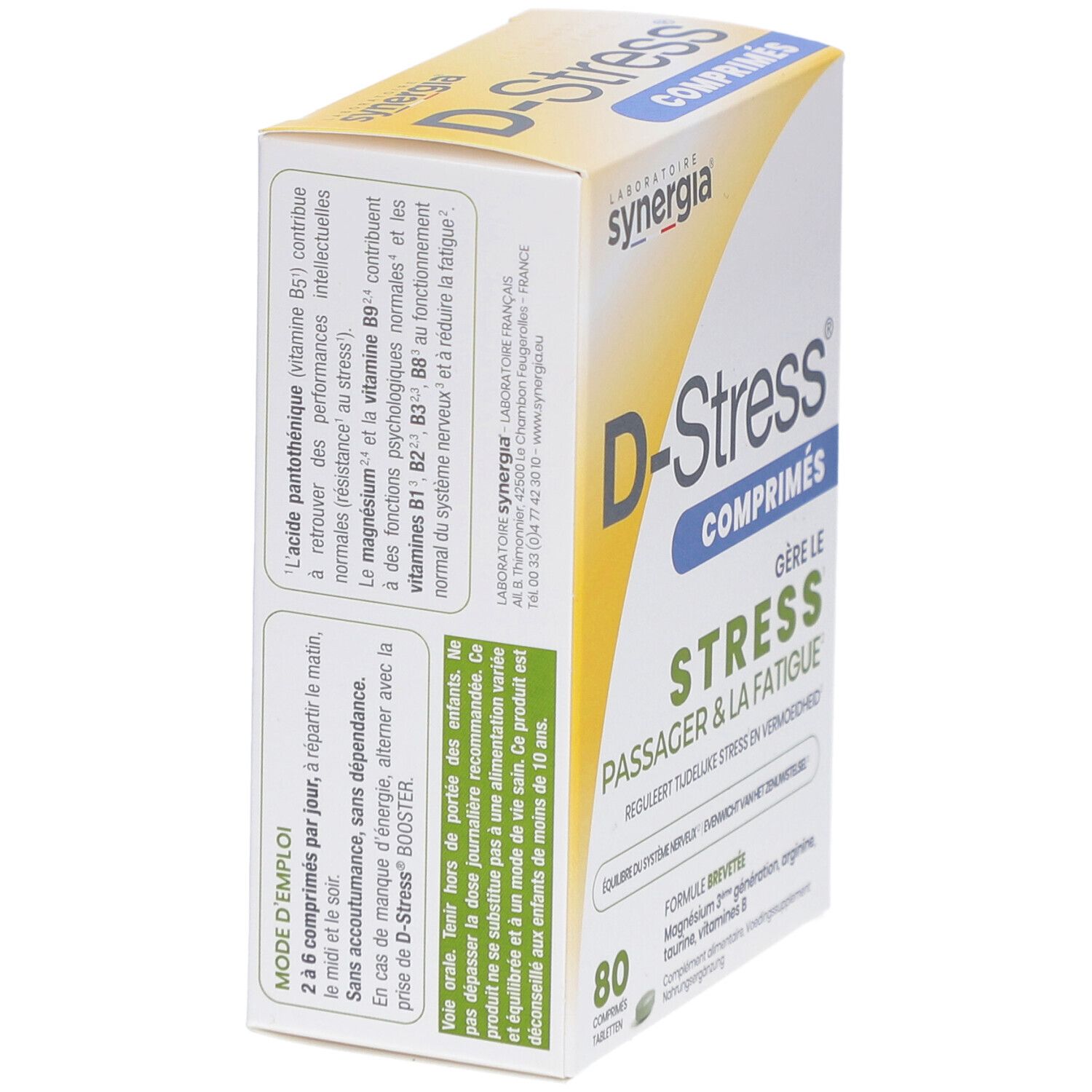 Confezione di compresse D-Stress®. Contiene 80 compresse. Scritta: 'Gère le stress, passer & la fatigue'.