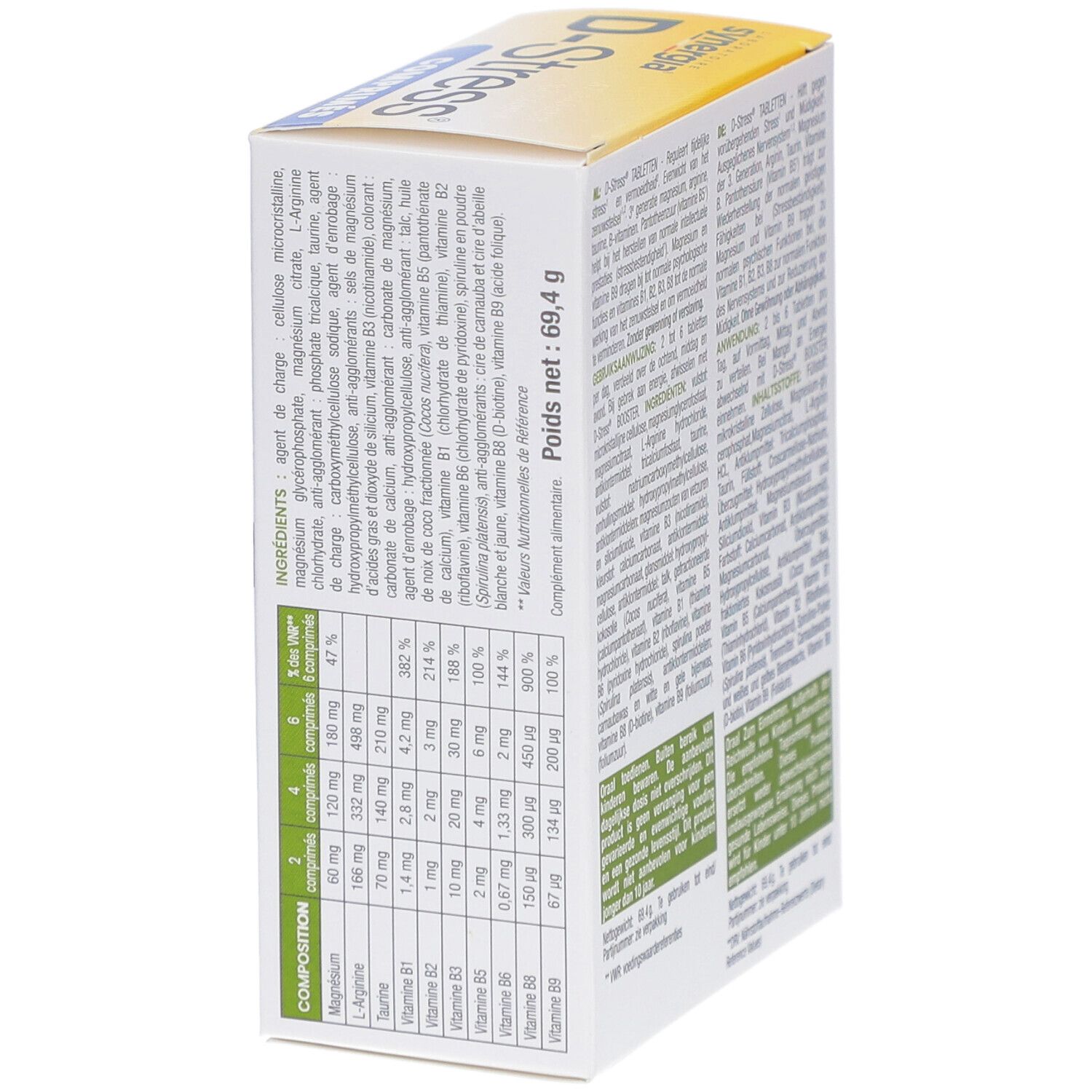 Lato della confezione di compresse D-Stress®. Contiene informazioni sulla composizione e i valori nutrizionali.
