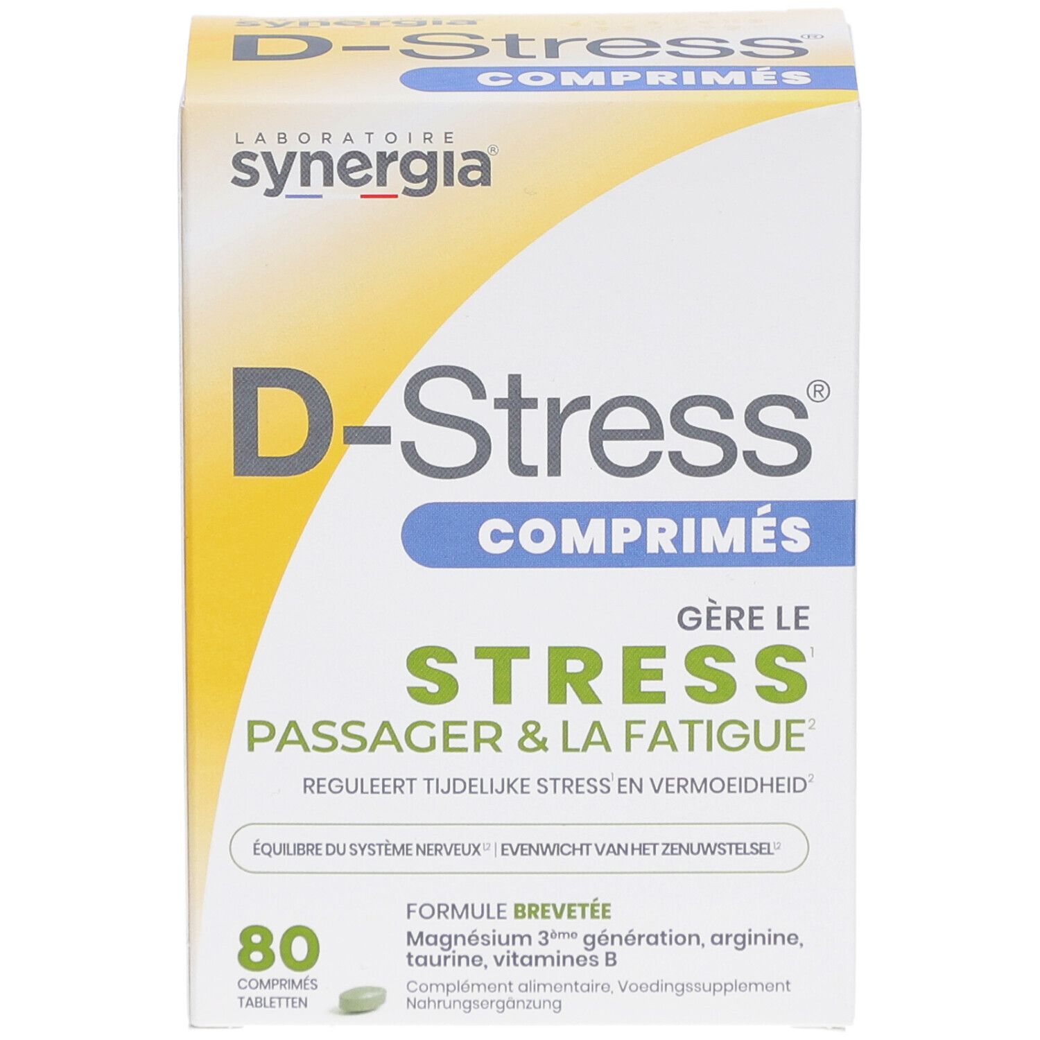 Fronte della confezione di compresse D-Stress®. Contiene 80 compresse. Scritta: 'Gère le stress, passer & la fatigue'.