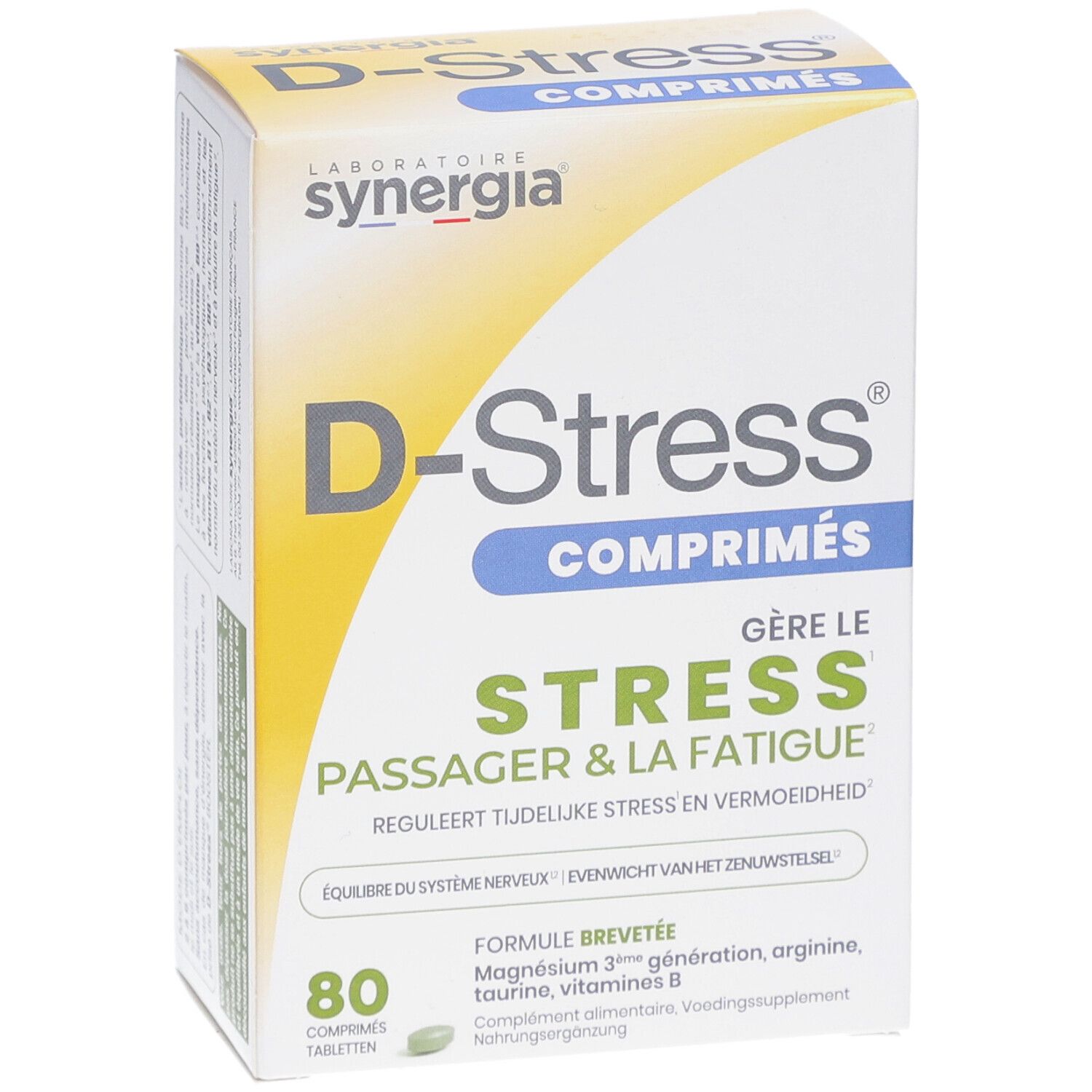 Fronte della confezione di compresse D-Stress®. Contiene 80 compresse. Scritta: 'Gère le stress, passer & la fatigue'.
