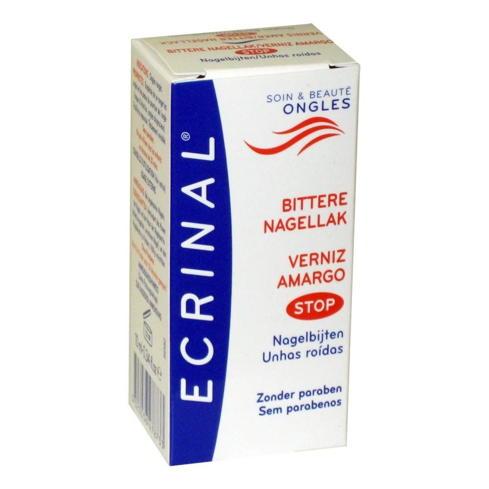 Scatola bianca con testo blu e rosso. Scritta: Ecrinal, Verniz Amargo, Stop. Senza parabeni.