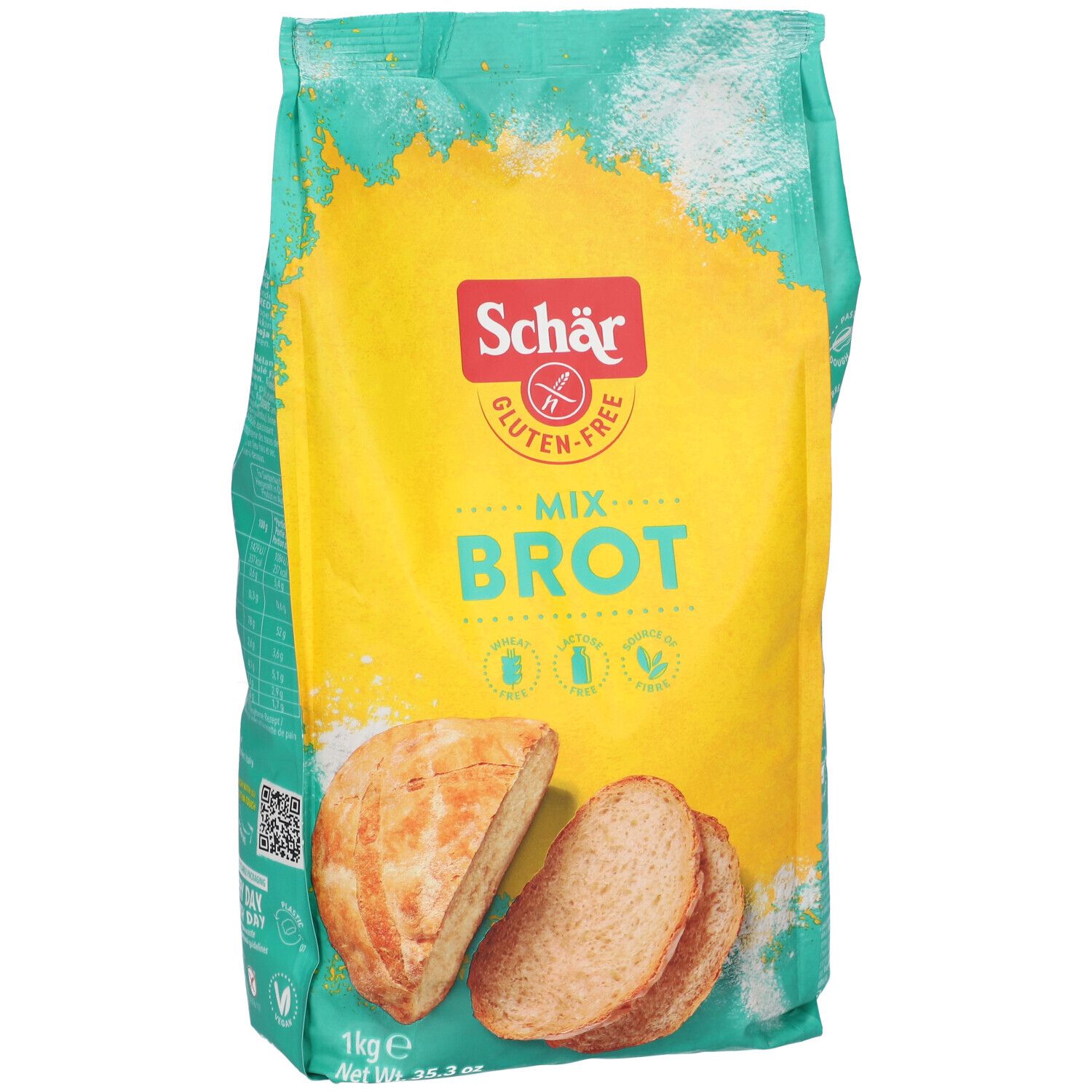 Confezione verde Schär Mix Brot. Vista frontale con immagine di pane. Logo e nome del prodotto.