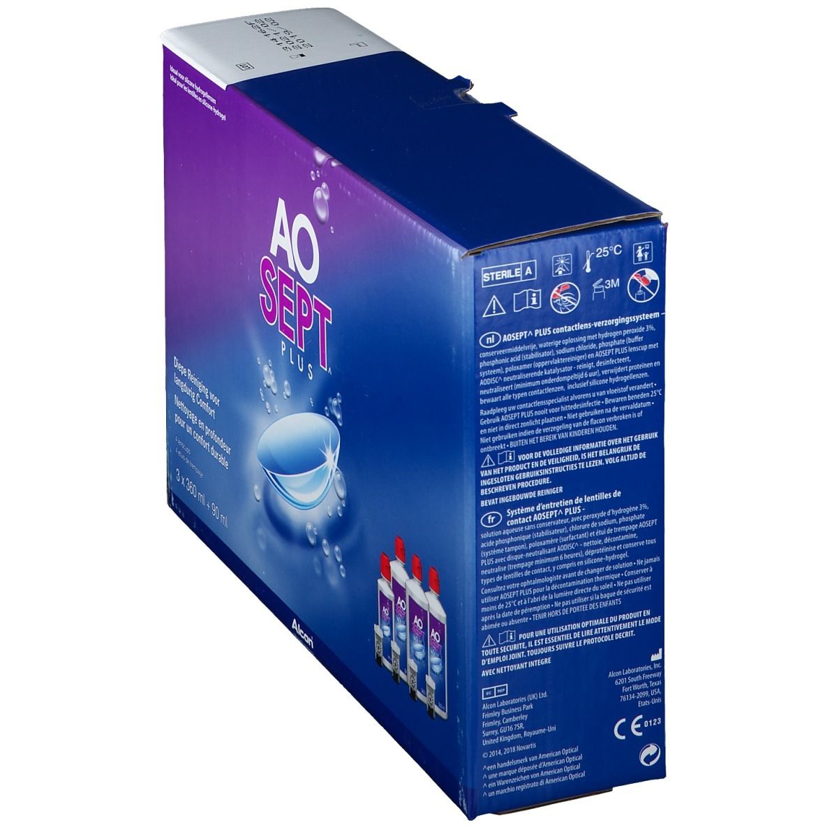 Confezione AOSEPT PLUS. Scatola blu con logo e flaconi. Contiene 3 flaconi.