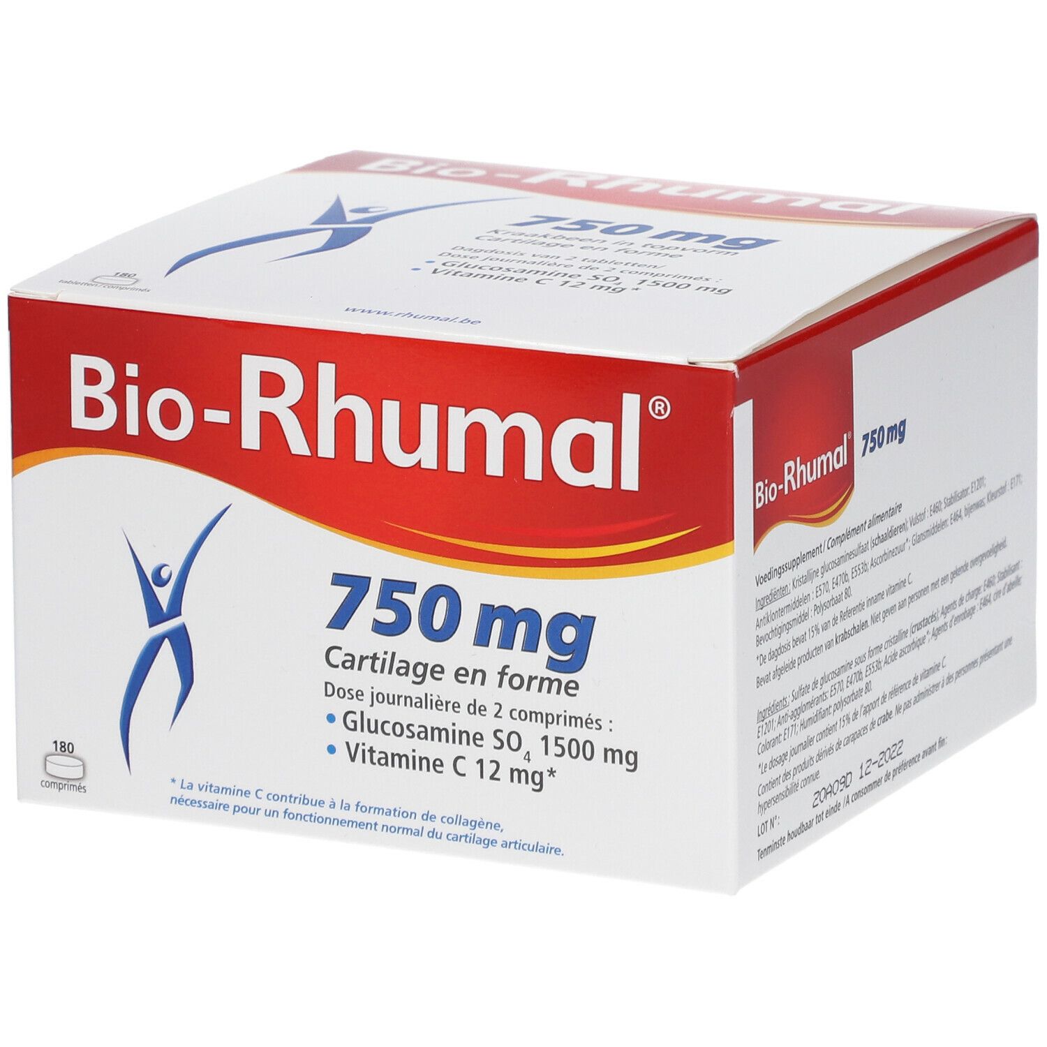 Scatola bianca e rossa "Bio-Rhumal 750 mg". Contiene 180 compresse. Scritto: Glucosamina, Vitamina C. Cartilage en forme.