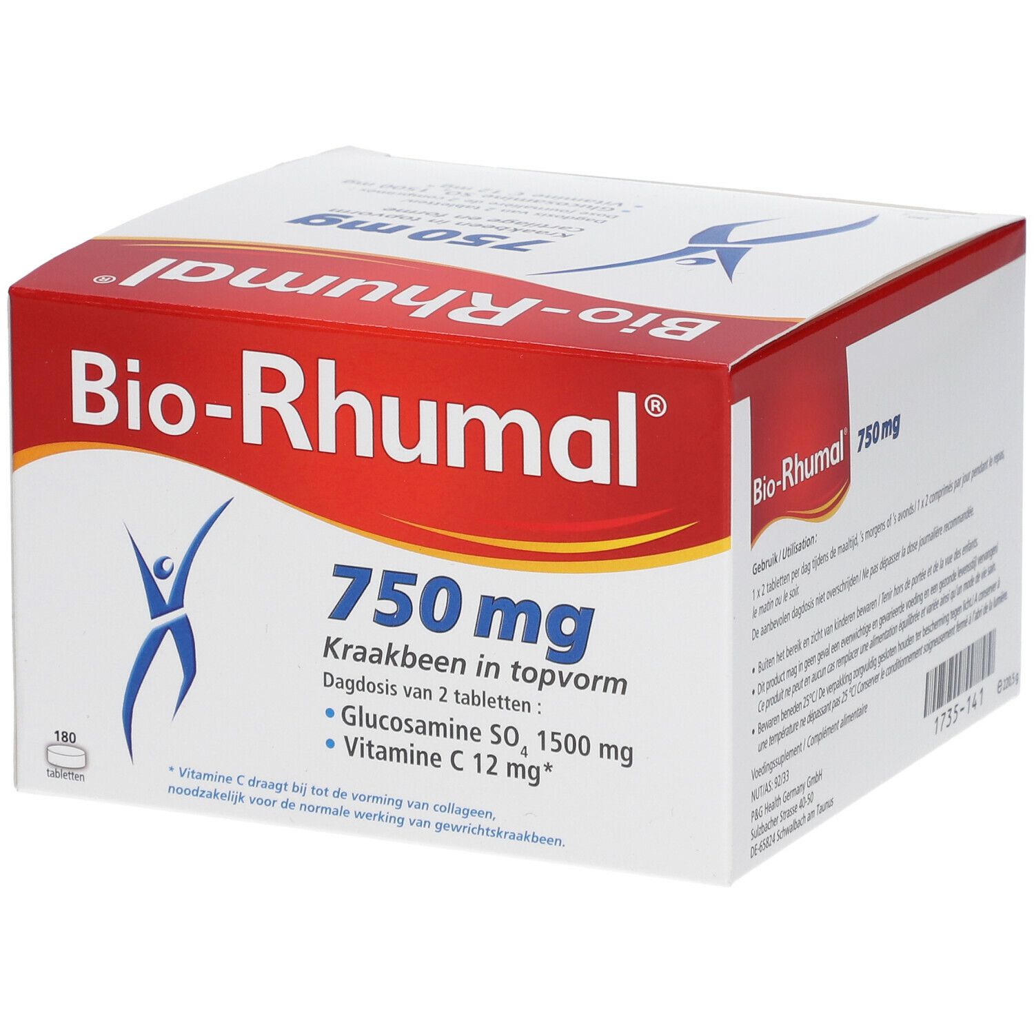 Scatola bianca e rossa "Bio-Rhumal 750 mg". Contiene Glucosamina, Vitamina C. Kraakbeen in topvorm. 180 compresse.