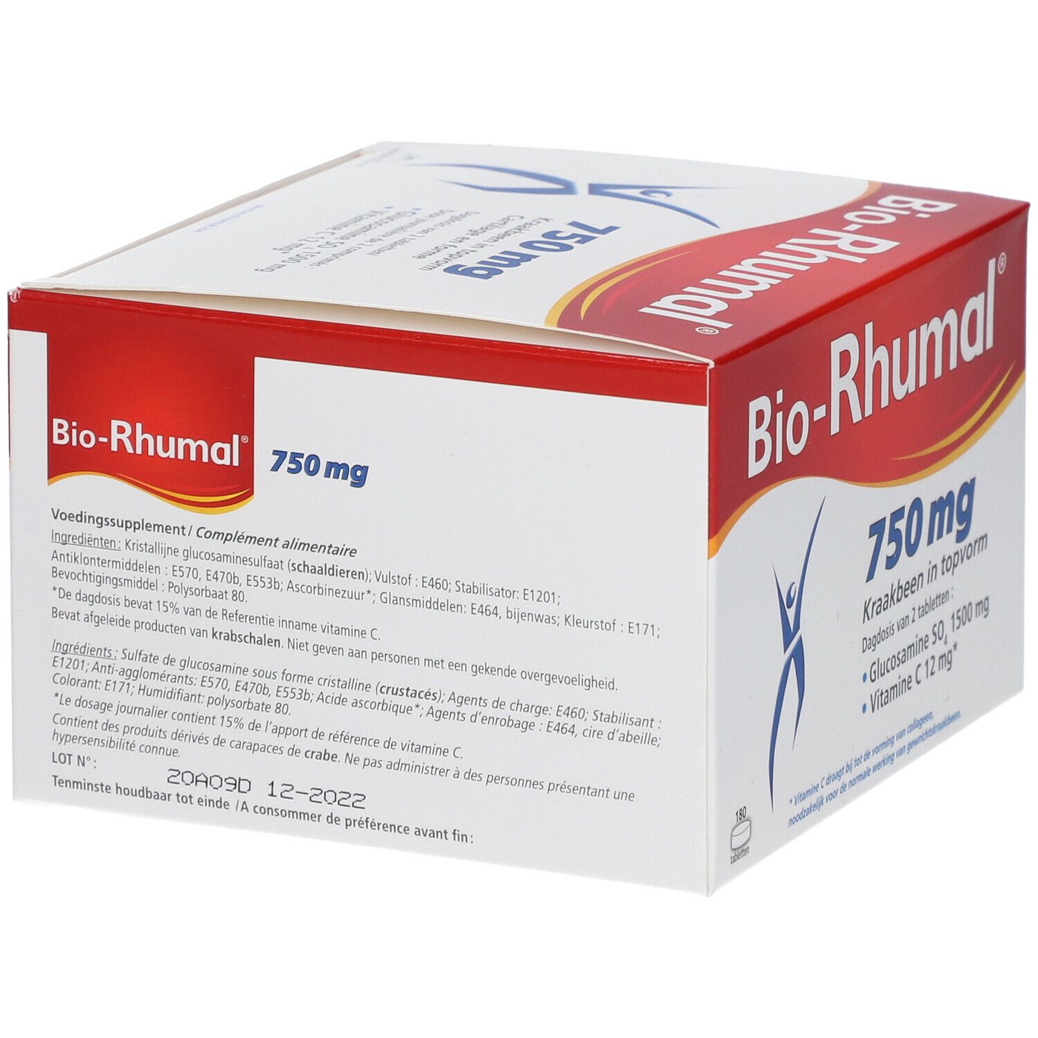 Scatola bianca e rossa "Bio-Rhumal 750 mg". Retro con ingredienti. Cartilage en forme. Contiene Glucosamina, Vitamina C.