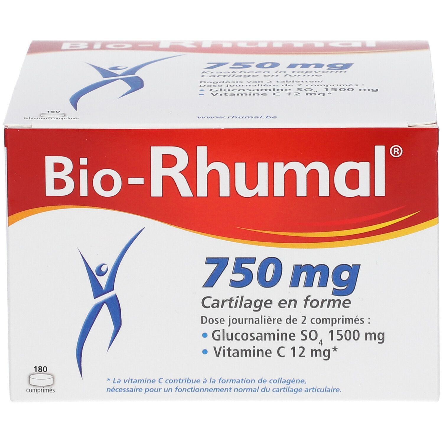 Scatola bianca e rossa "Bio-Rhumal 750 mg". Contiene 180 compresse. Cartilage en forme. Glucosamina, Vitamina C.