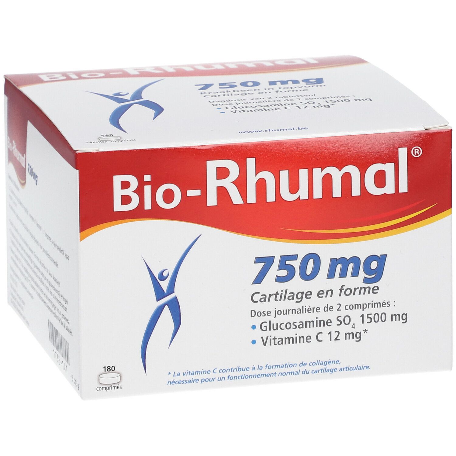 Scatola bianca e rossa "Bio-Rhumal 750 mg". Contiene 180 compresse. Cartilage en forme. Glucosamina, Vitamina C.