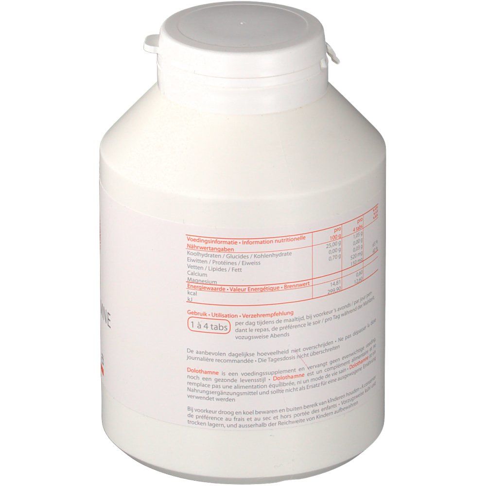 Flacone bianco con tappo a vite. Adesivo con informazioni nutrizionali e testo. "Dolothamne" e "1 à 4 tabs".