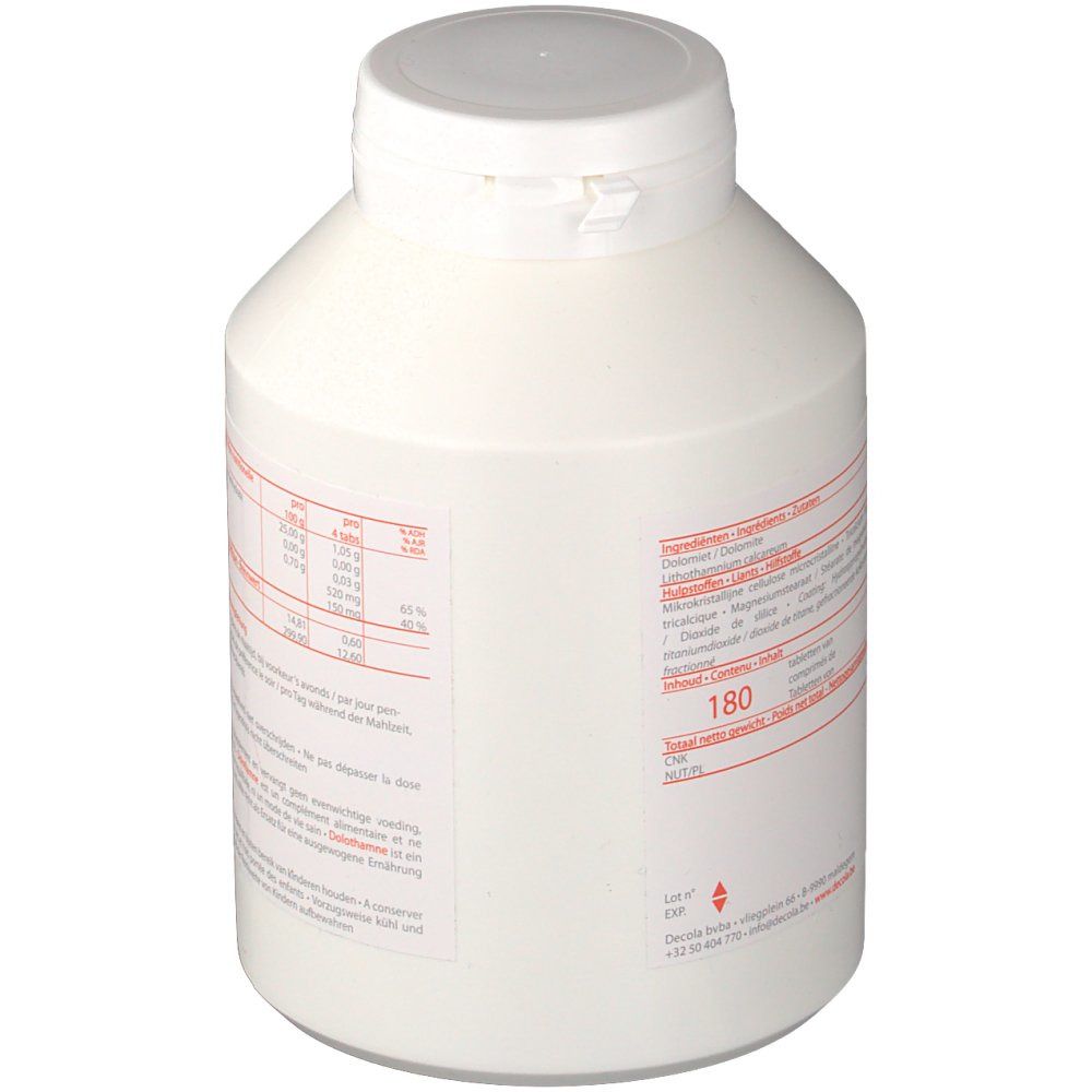 Flacone bianco con tappo a vite. Adesivo con informazioni nutrizionali e testo. "Dolothamne". 180 compresse.