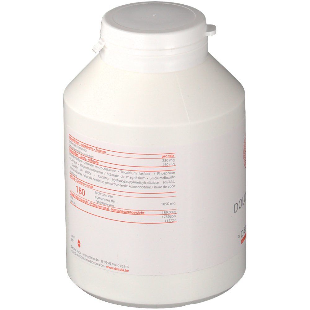 Flacone bianco con tappo a vite. Adesivo con informazioni nutrizionali e testo. "Dolothamne". 180 compresse.