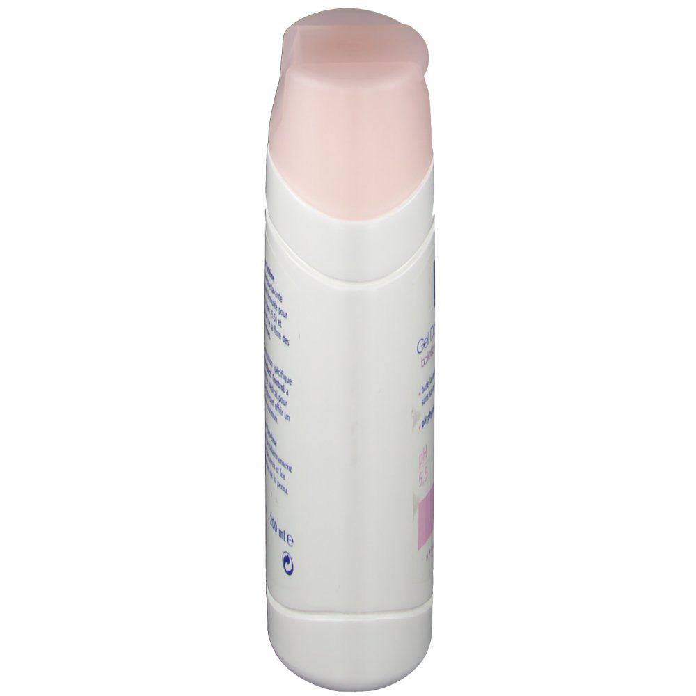 Vista laterale del flacone bianco con tappo rosa. Testo e logo parzialmente visibili.